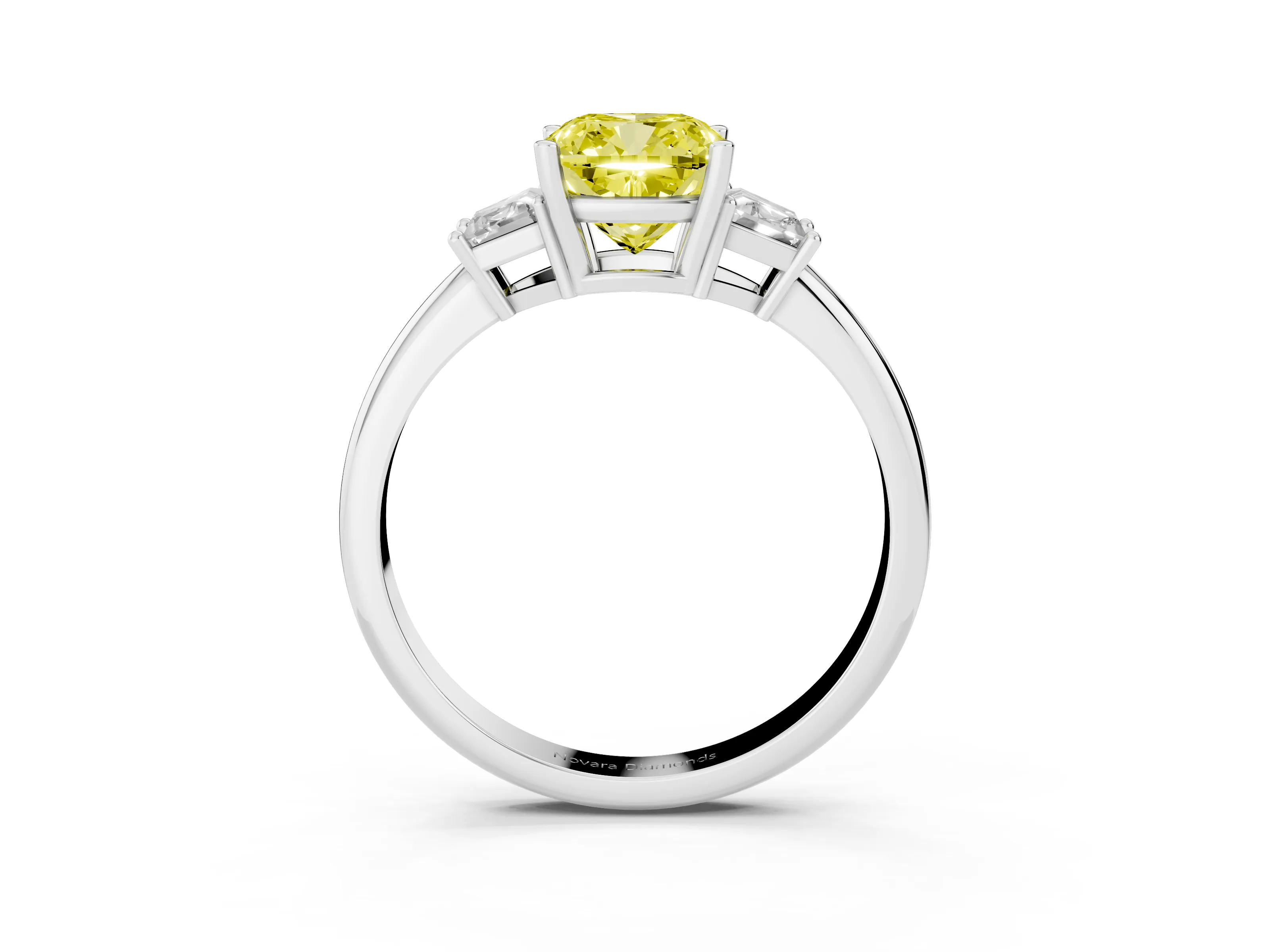 Fancy Yellow Cushion Cut Diamond Three-Stone Ring Set in Silver with Trapezoid Side Stones and Prong Setting