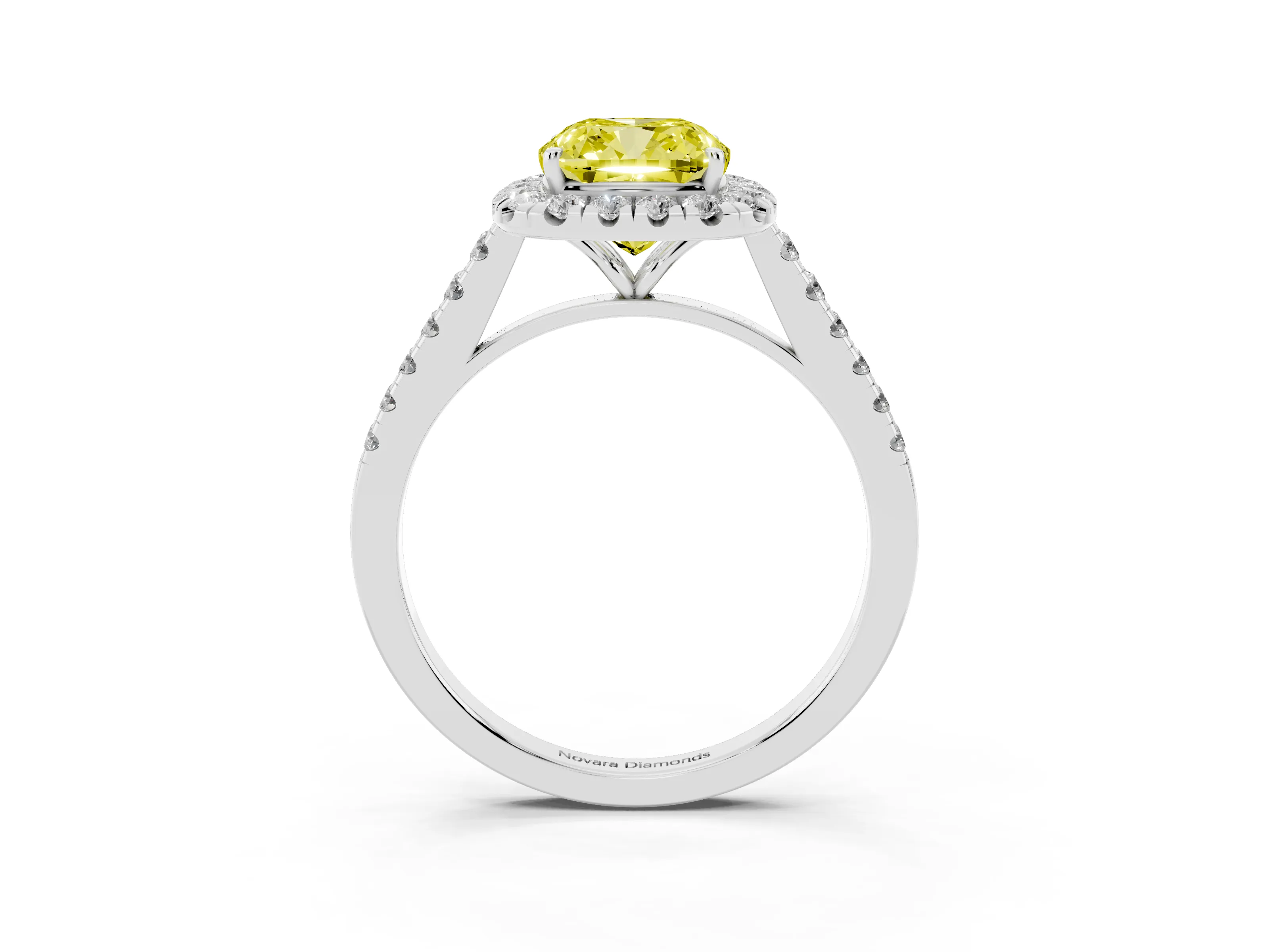 Fancy Yellow Cushion Cut Diamond Halo Pavé Engagement Ring Set in White gold with Prong Setting