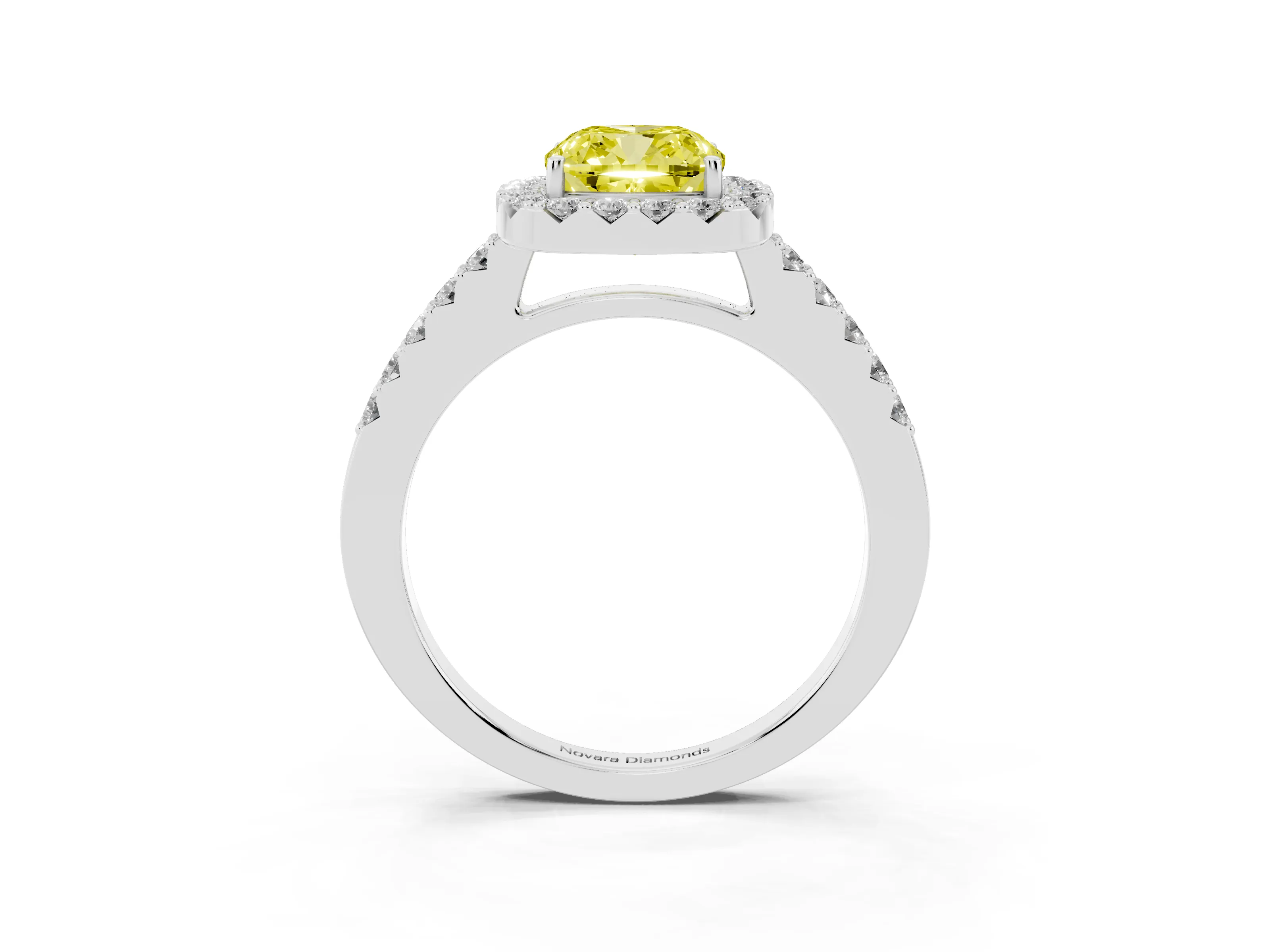 Fancy Yellow Cushion Cut Diamond Halo Pavé Solitaire Ring Set in Silver with Prong-Set Center Stone
