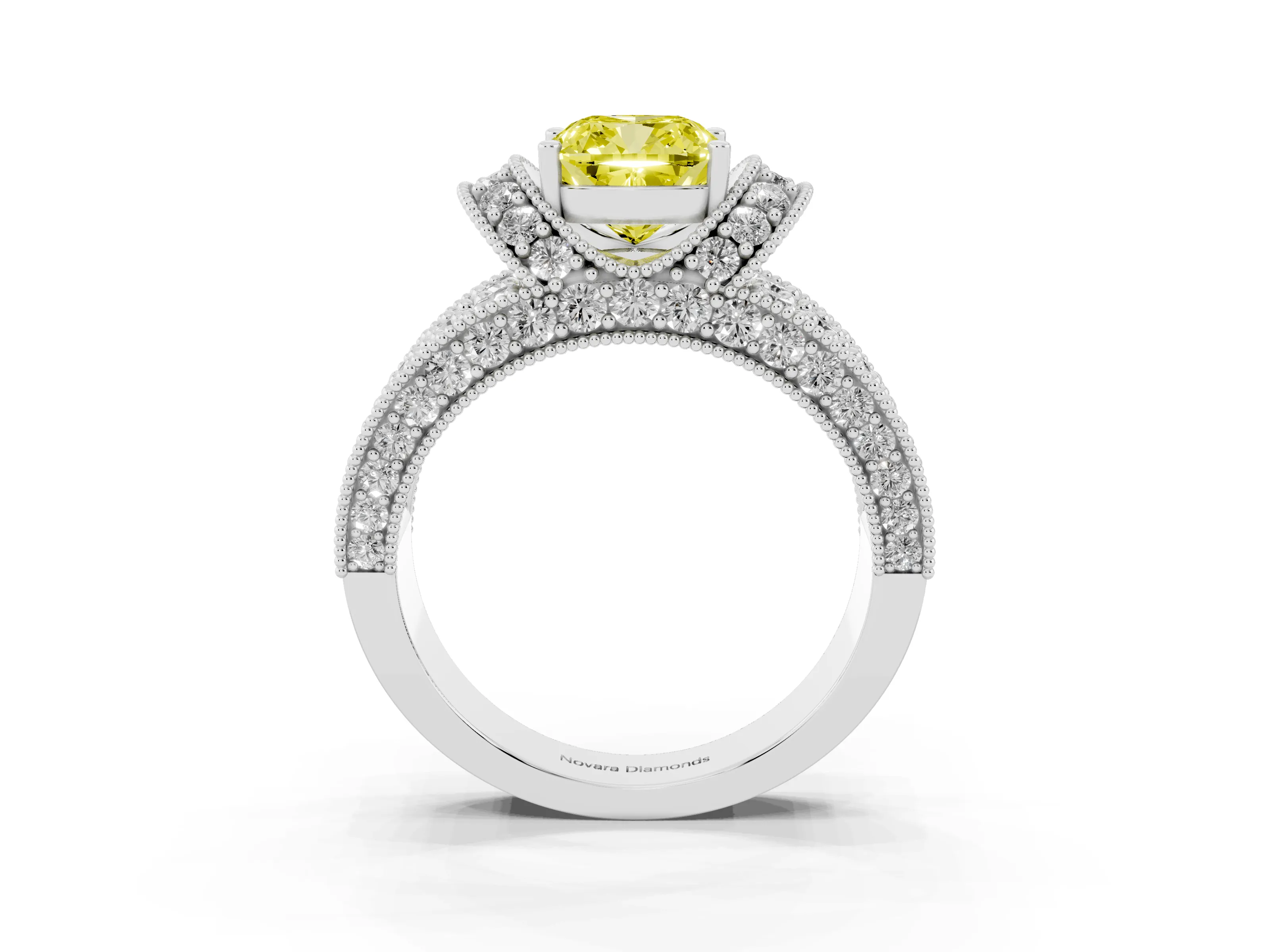 Fancy Yellow Cushion Cut Diamond Milgrain Halo Pavé Engagement Ring Set in Silver with Prong Setting
