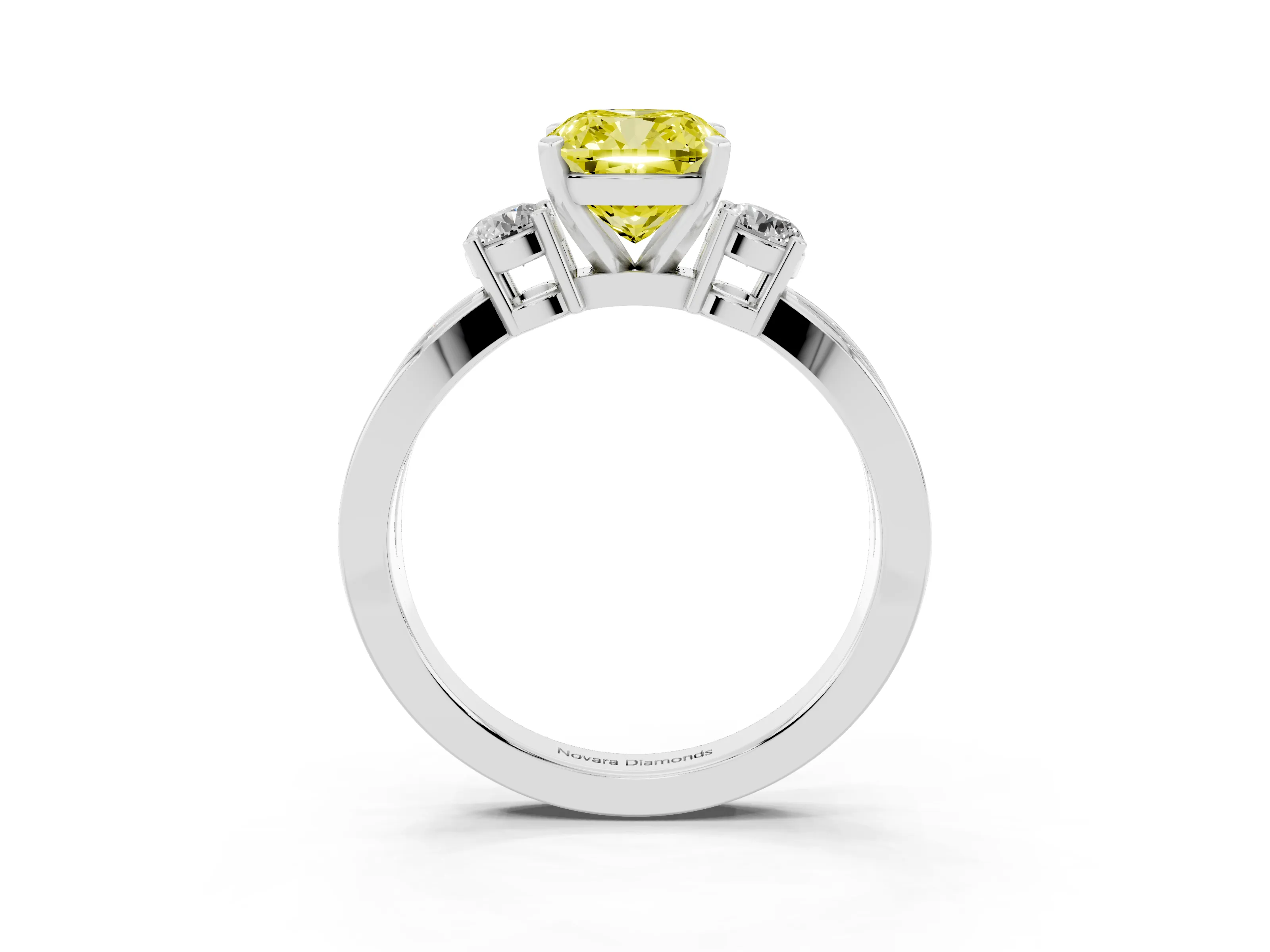 Fancy Yellow Three-Stone Cushion Cut Diamond Twist Band Ring Set in Platinum with Pavé Accents and Prong Setting