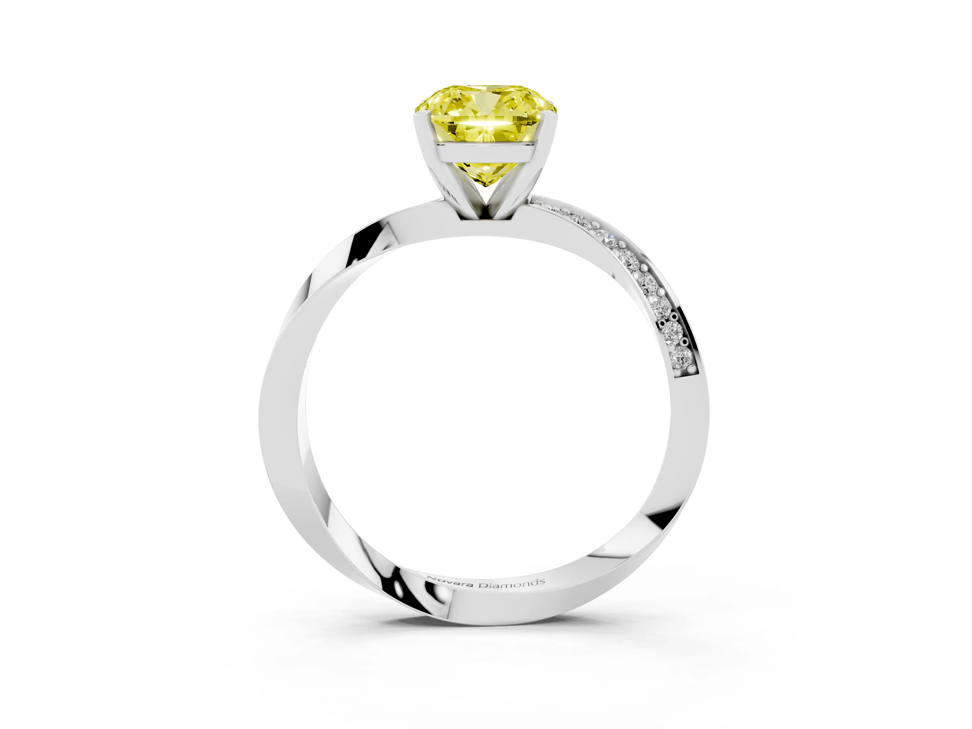 Fancy Yellow Cushion Cut Diamond Engagement Ring Set in Platinum with Side Stone Accents and Prong Setting