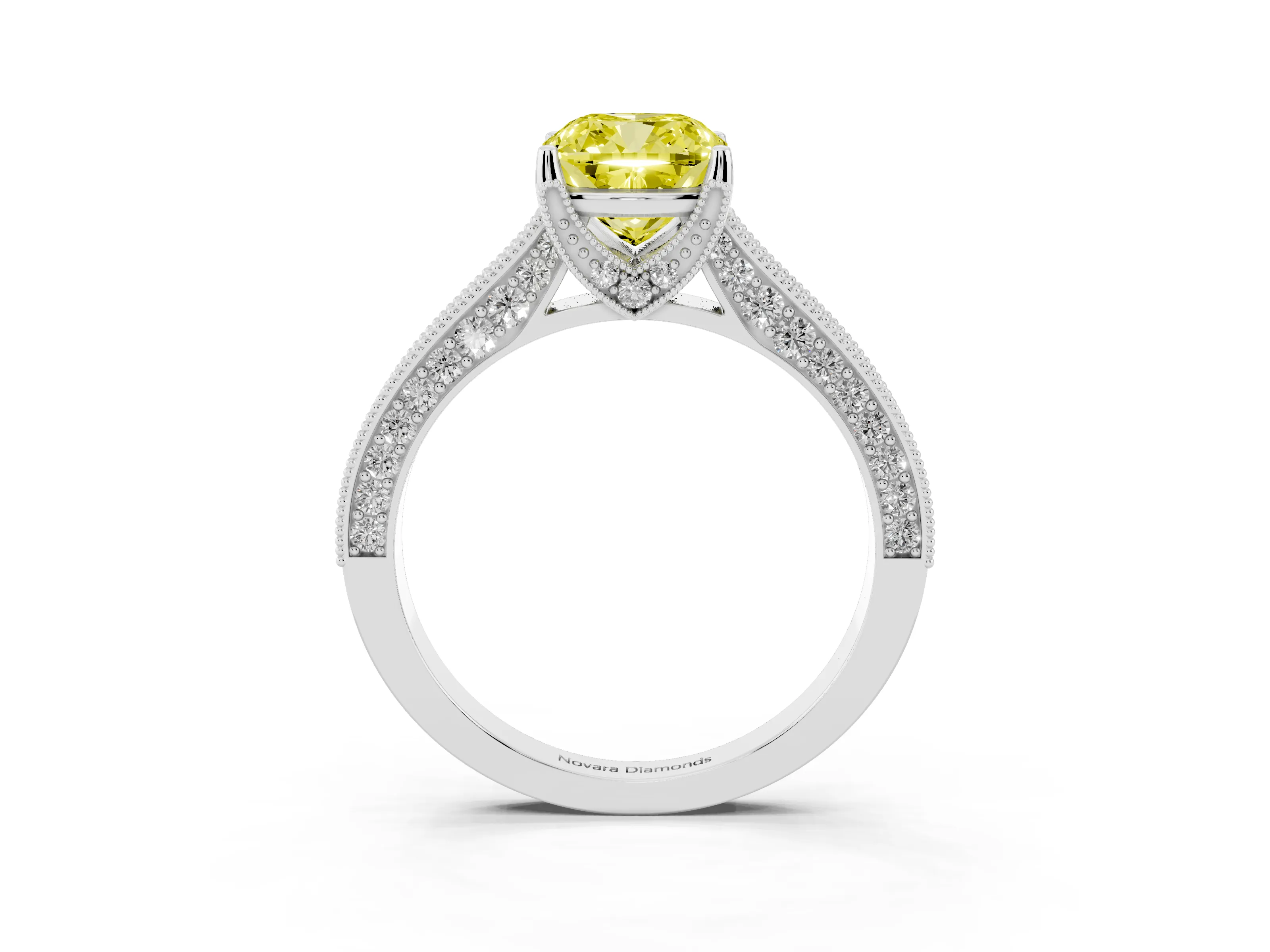 Fancy Yellow Cushion Cut Diamond Solitaire Ring Set in Silver with Milgrain-Edged Pavé Band and Prong Setting