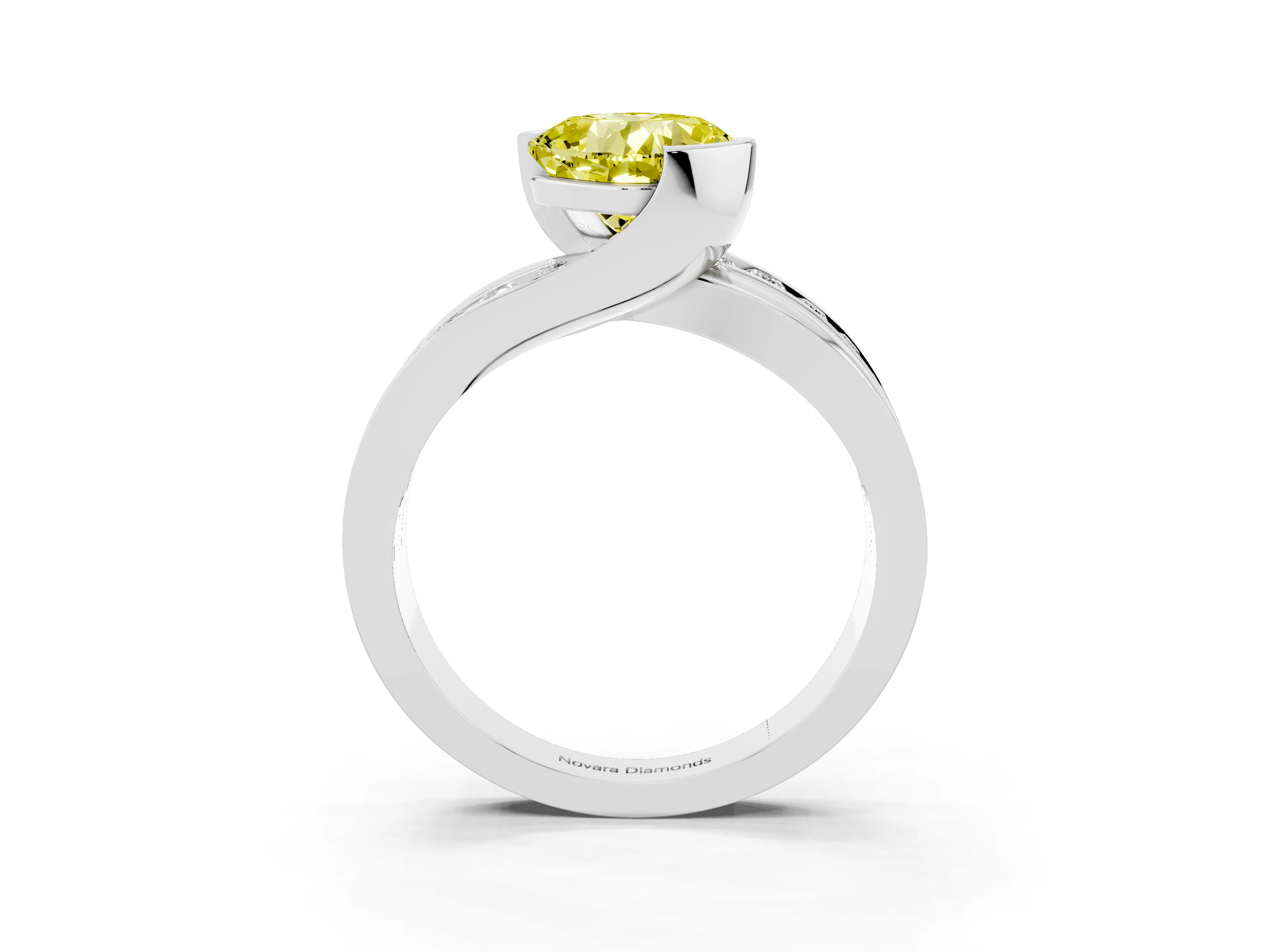 Fancy Yellow Cushion Cut Diamond Solitaire Ring Set in White gold with Channel Set Split Shank and Tension Prongs