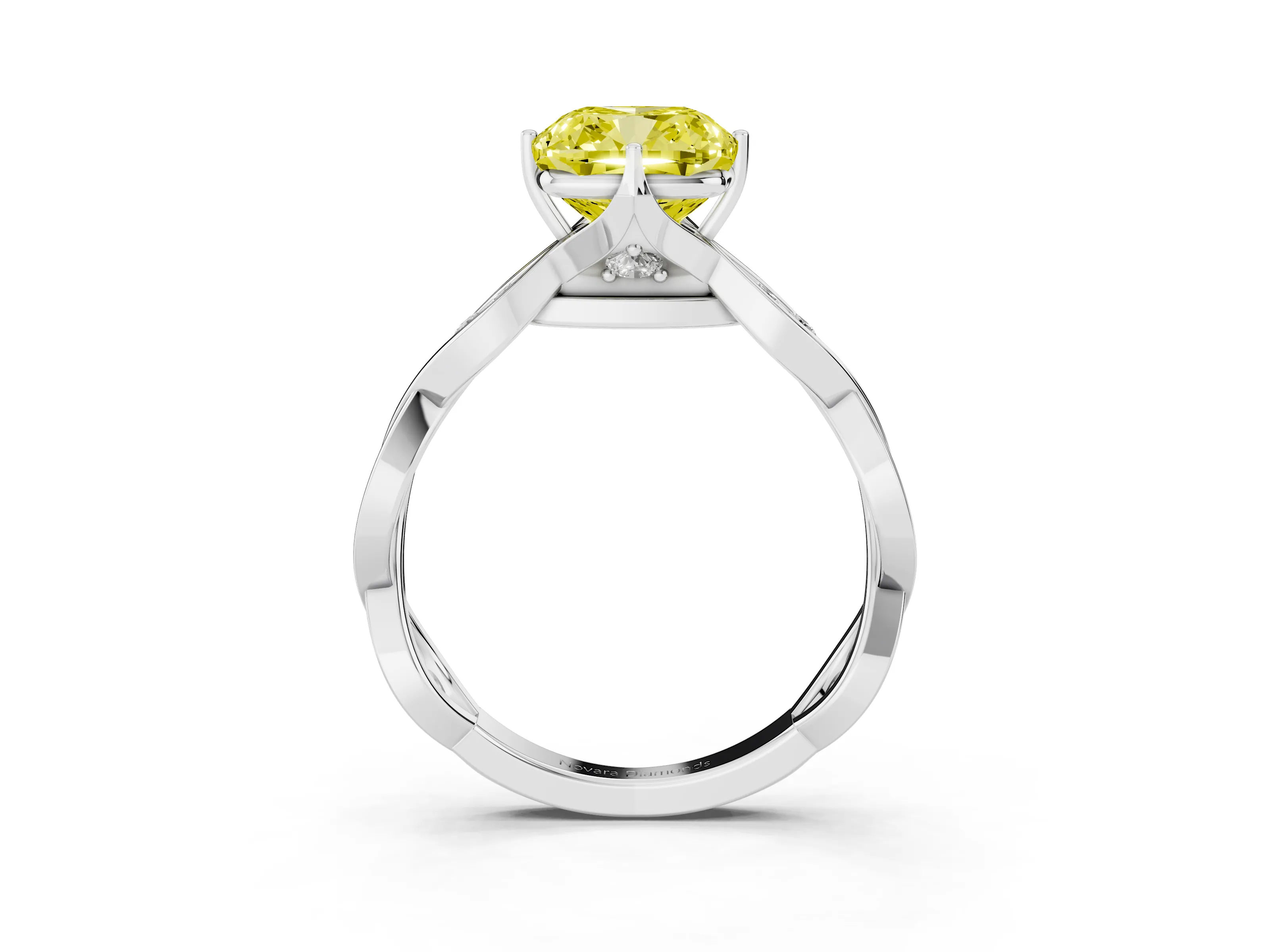 Fancy Yellow Cushion Cut Diamond Twist Band Solitaire Ring Set in Platinum with Leaf Prong Setting and Accent Stones
