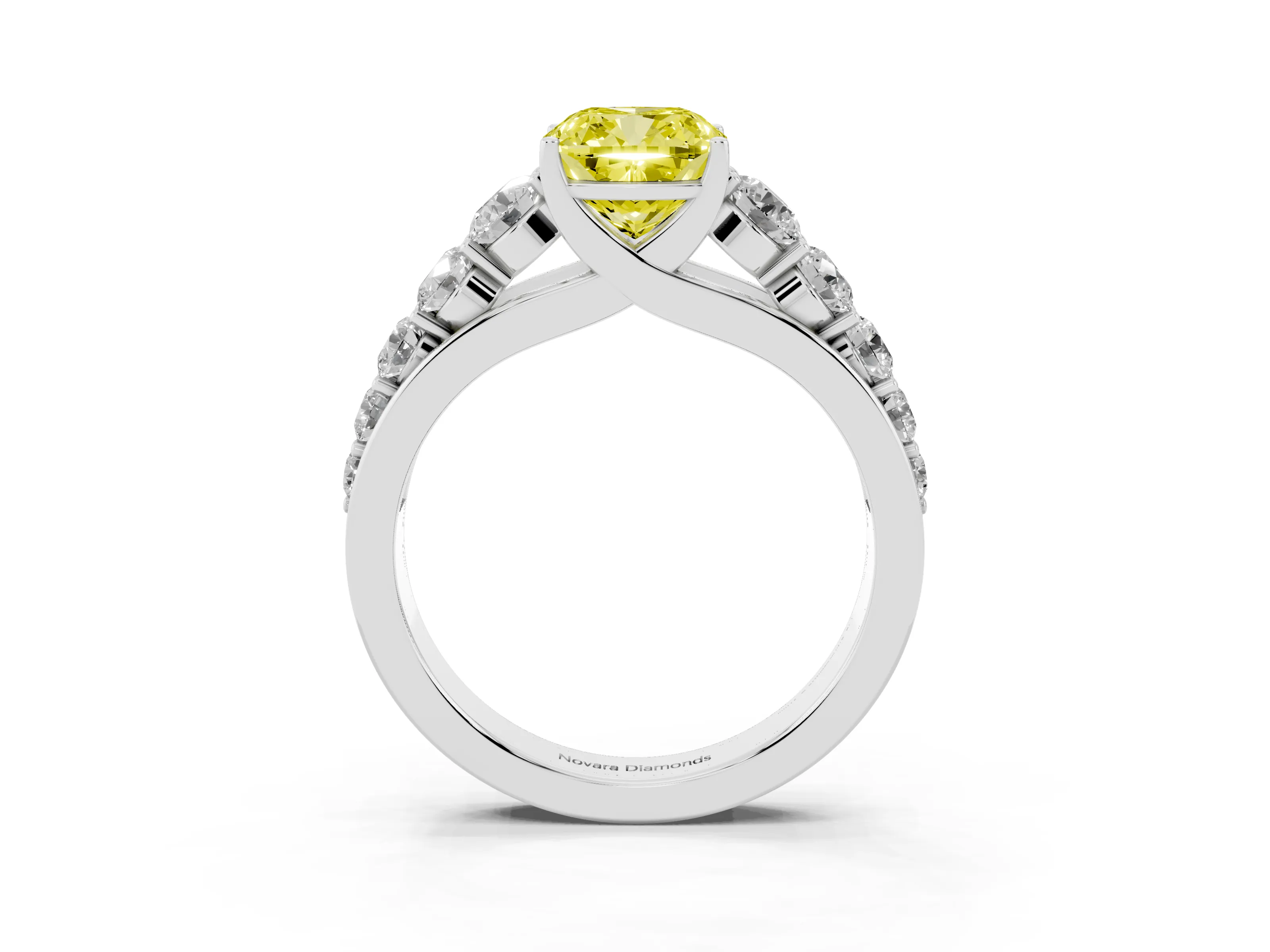 Fancy Yellow Cushion Cut Diamond Solitaire Ring Set in Silver with Pavé-Set Band and Prong Setting