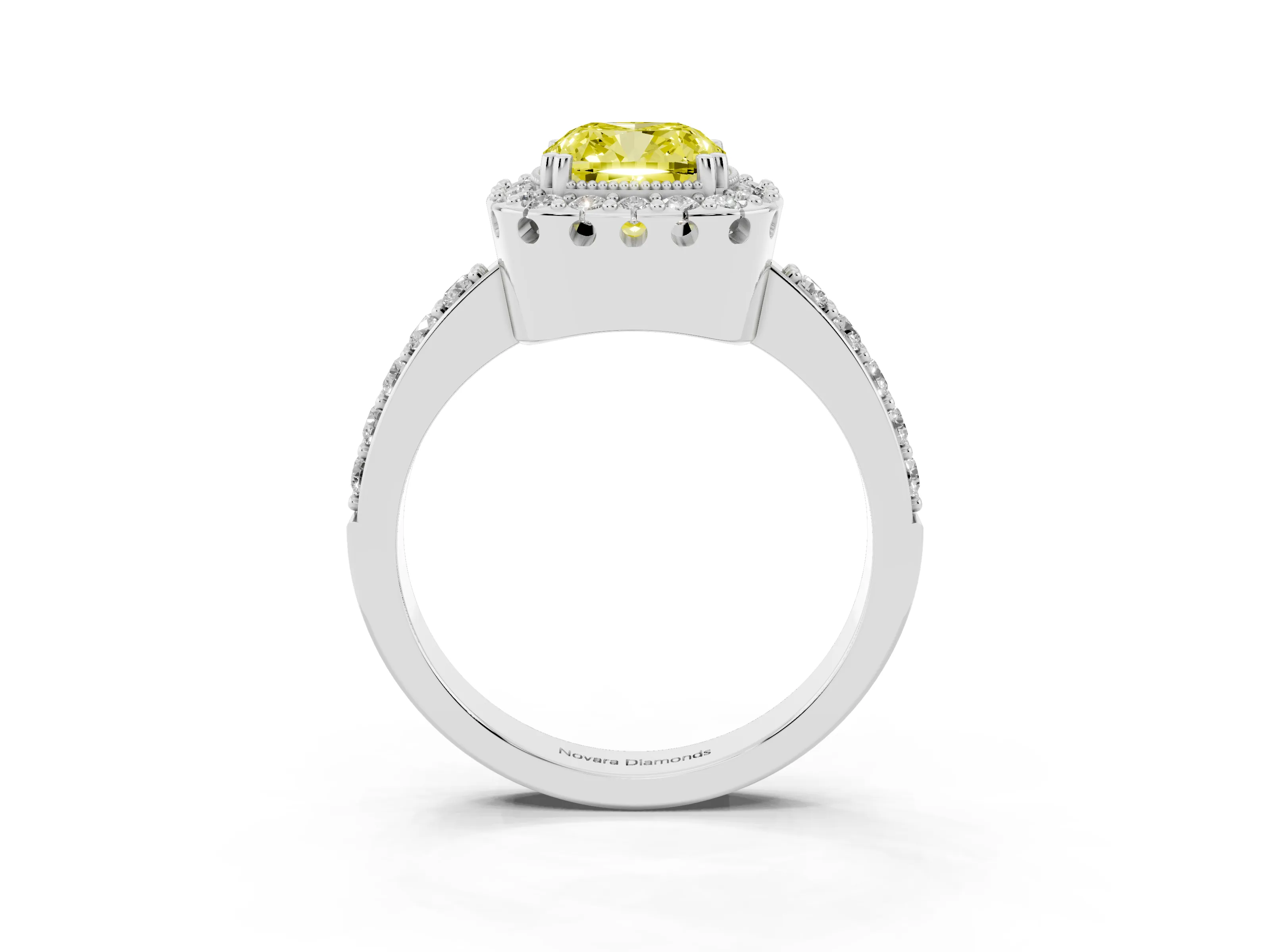 Fancy Yellow Cushion Cut Diamond Halo Ring Set in White gold with Pavé Shank and Prong Setting