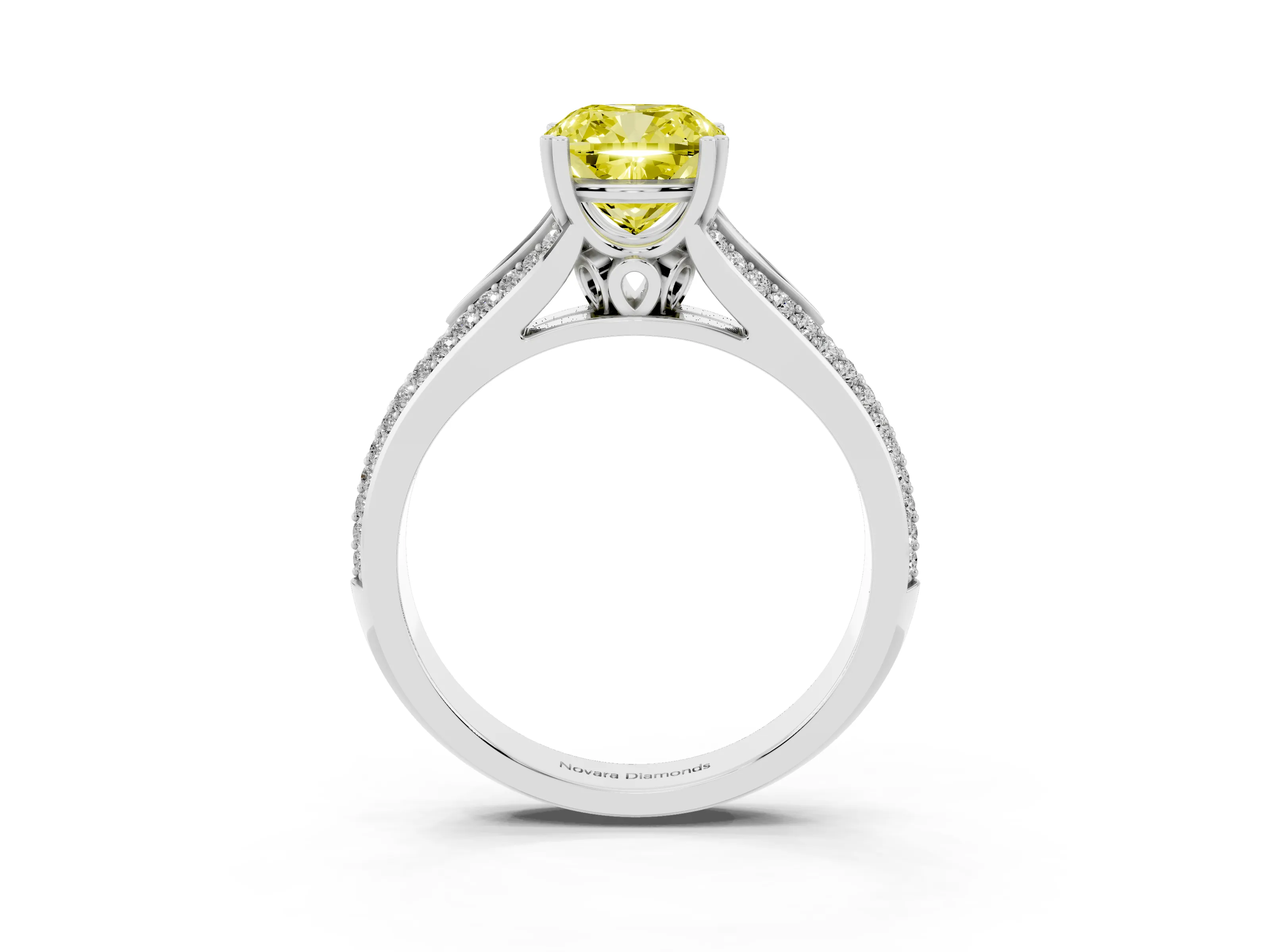 Fancy Yellow Cushion Cut Diamond Split Shank Pavé Engagement Ring Set in Platinum with Prong-Set Center Stone