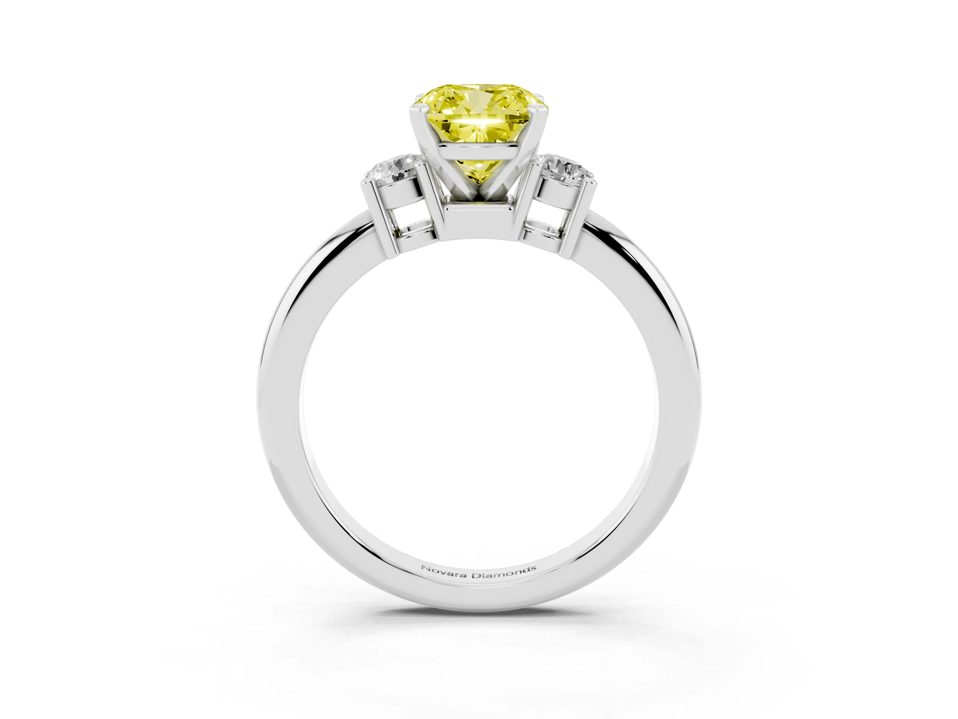 Fancy Yellow Three-Stone Cushion Cut Diamond Ring Set in Platinum with Prong Setting and Plain Band