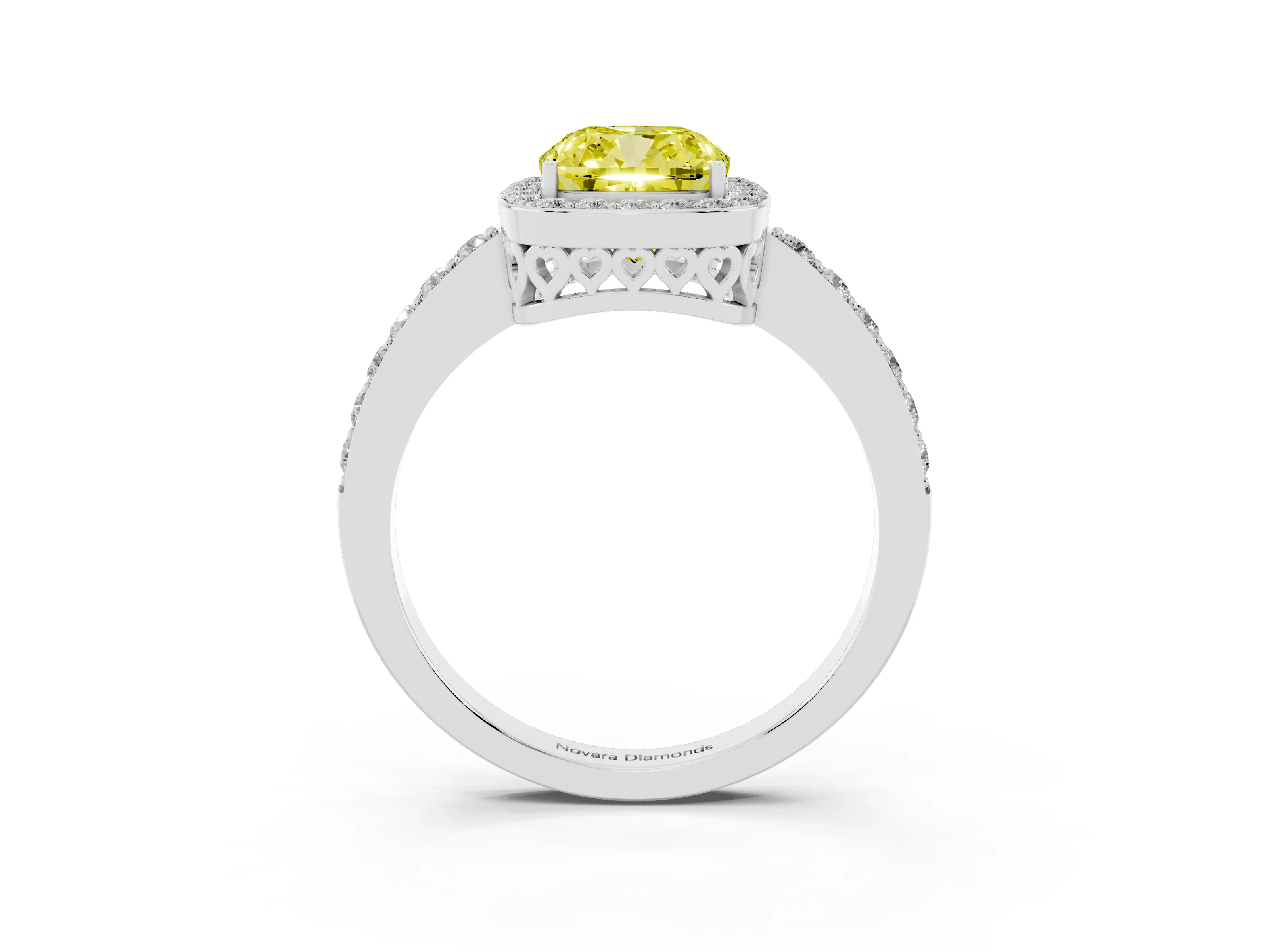 Fancy Yellow Cushion Cut Diamond Halo Ring Set in White gold with Pavé-Setting Band and Open Prong Center