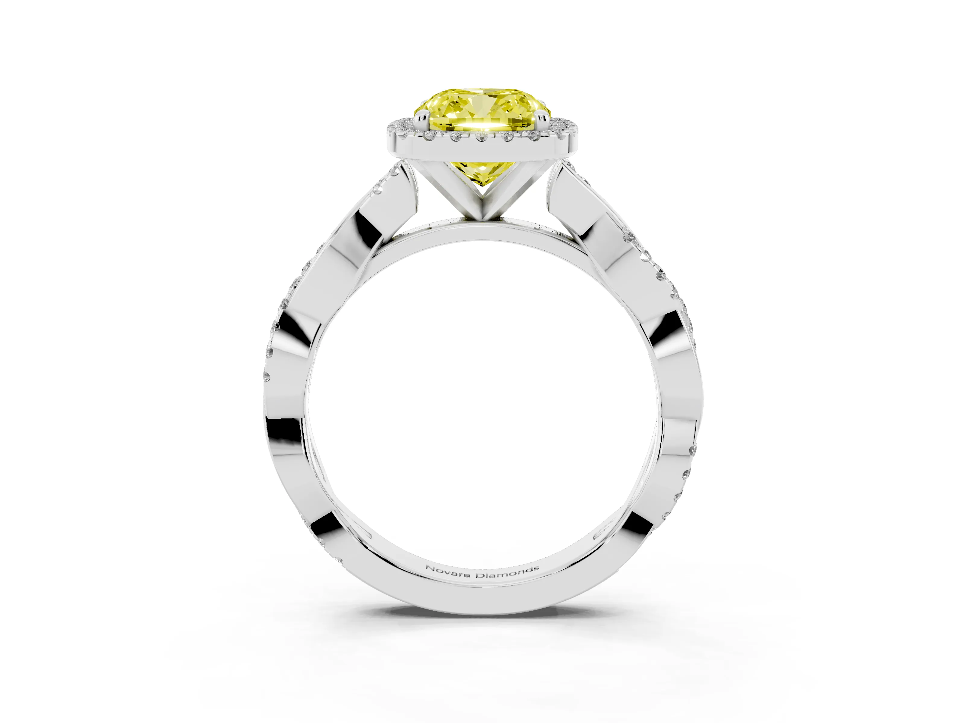 Fancy Yellow Cushion Cut Diamond Halo Twisted Band Ring Set in Silver with Prong Setting