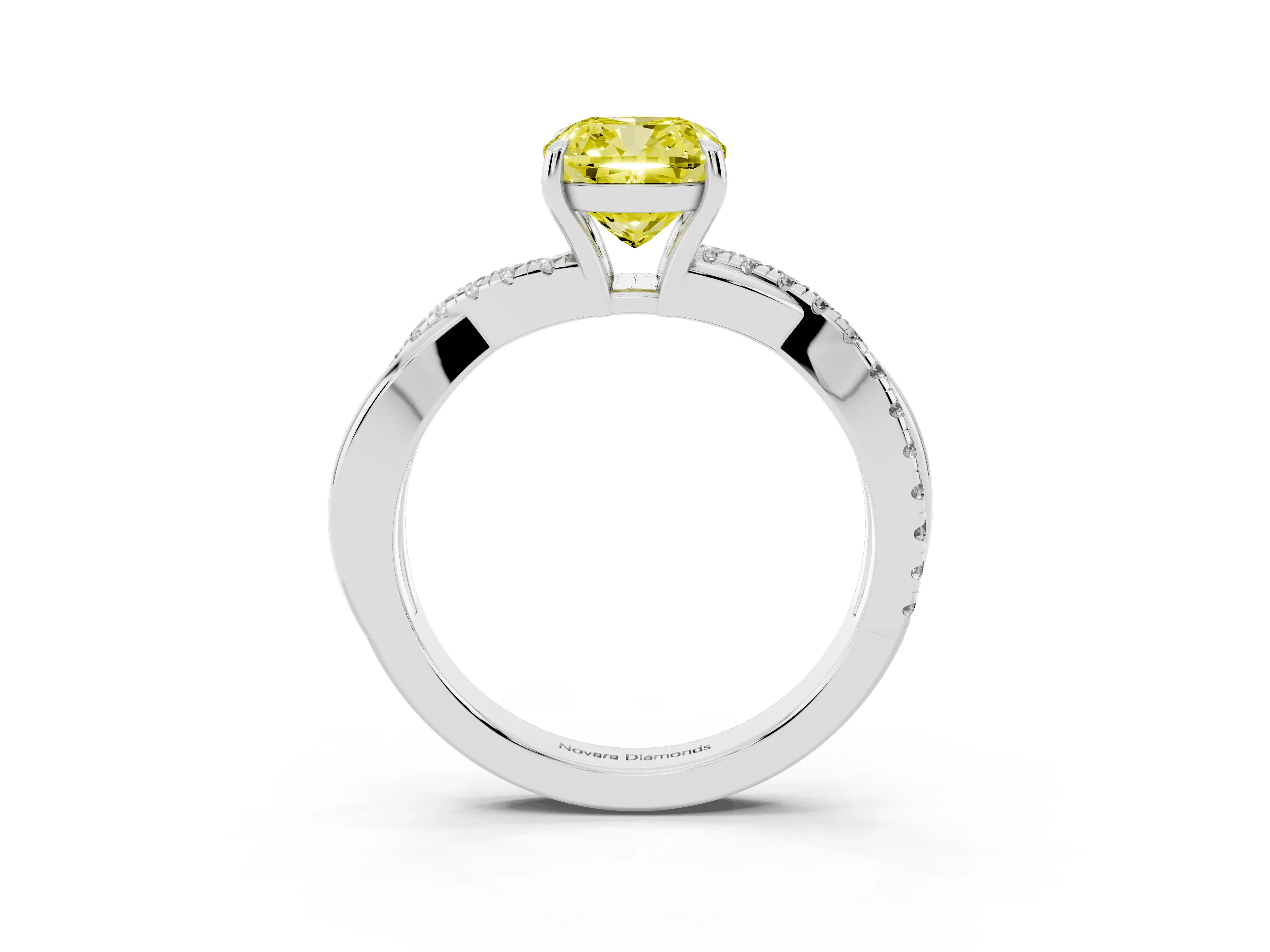 Fancy Yellow Cushion Cut Diamond Twisted Pavé Band Ring Set in Platinum with Prong Setting