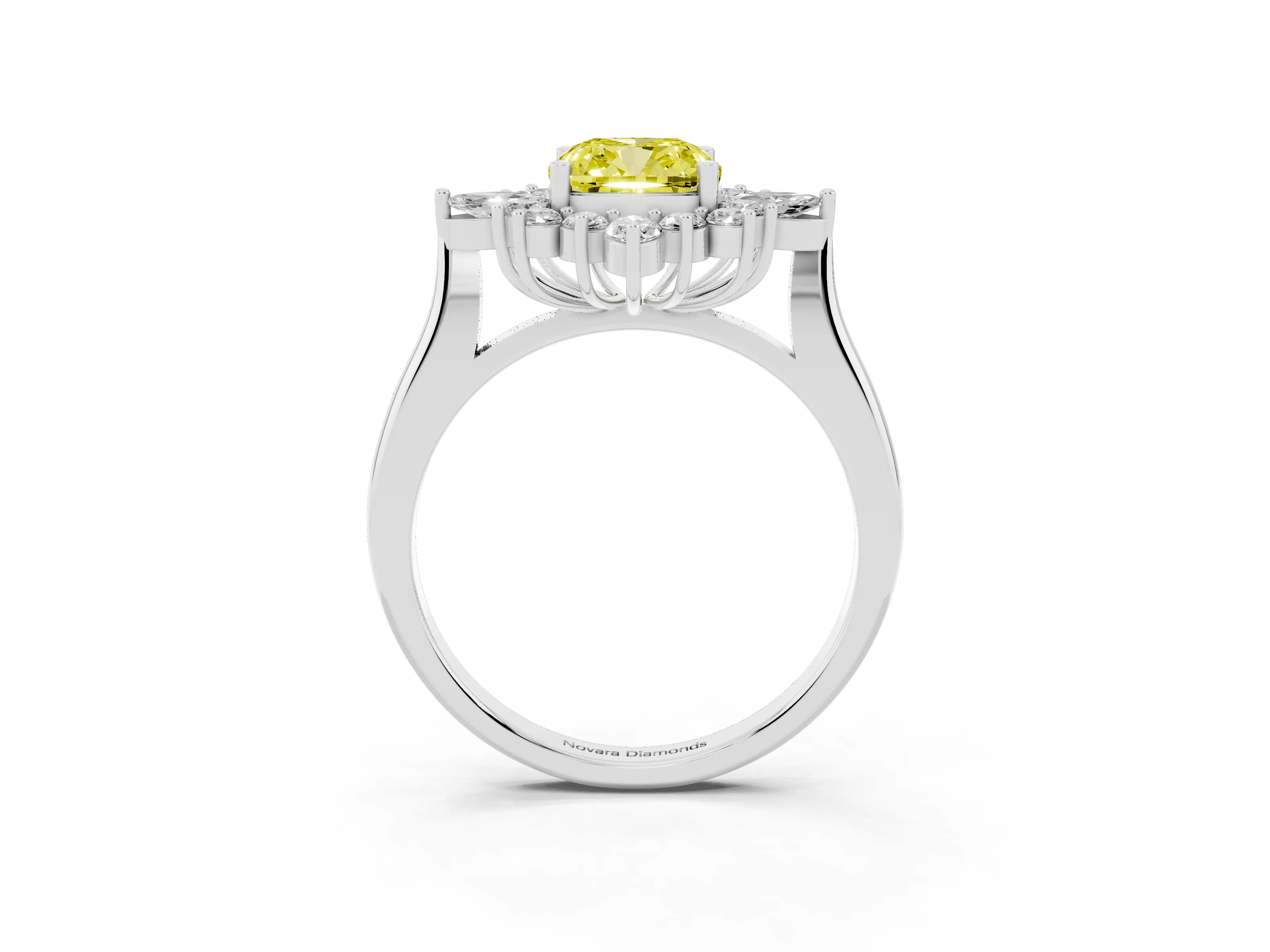 Fancy Yellow Cushion Cut Diamond Cluster Halo Ring Set in Silver with Marquise and Round Accents