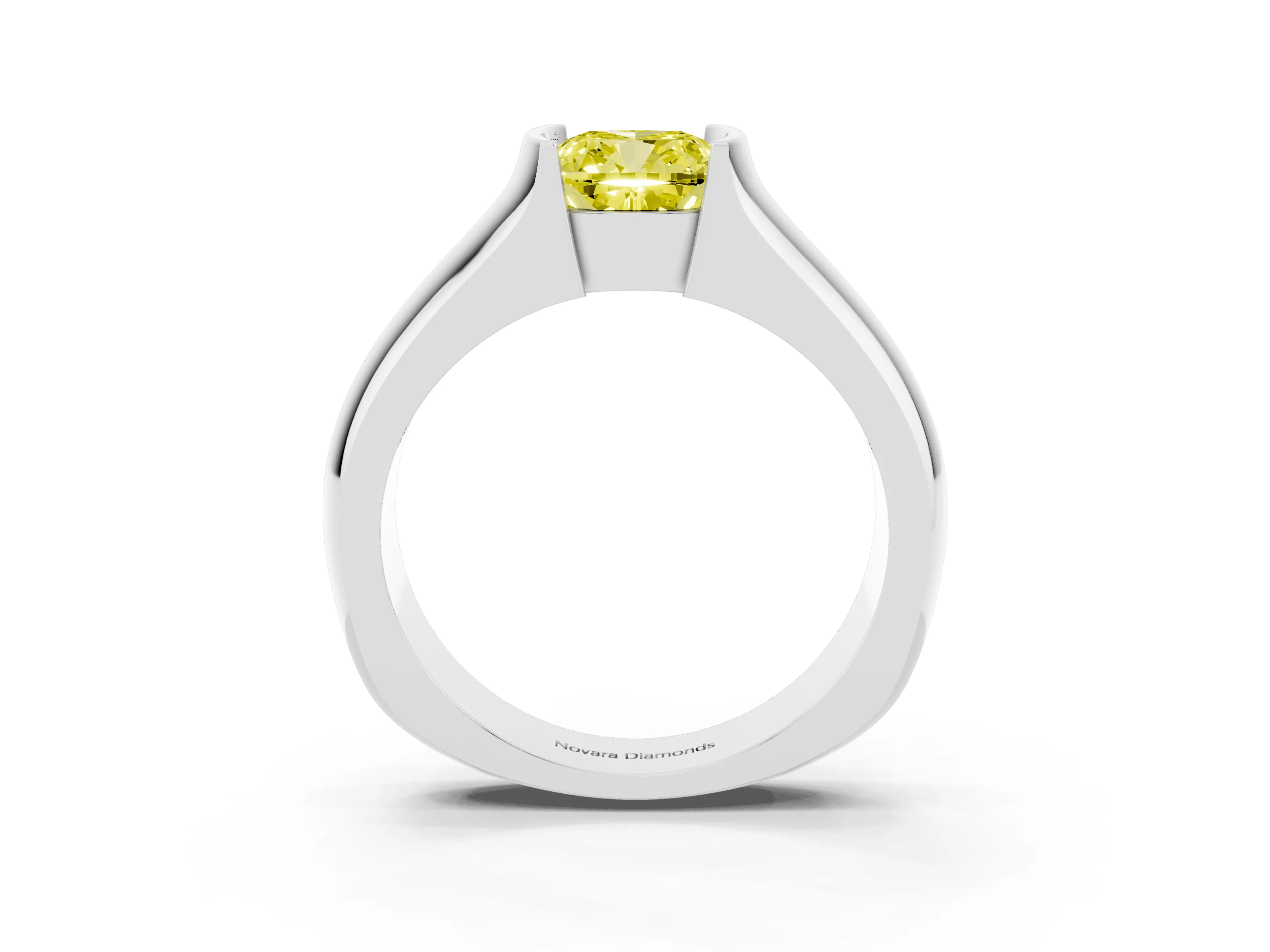Fancy Yellow Cushion Cut Diamond Bezel Solitaire Ring Set in White gold with Wide Band