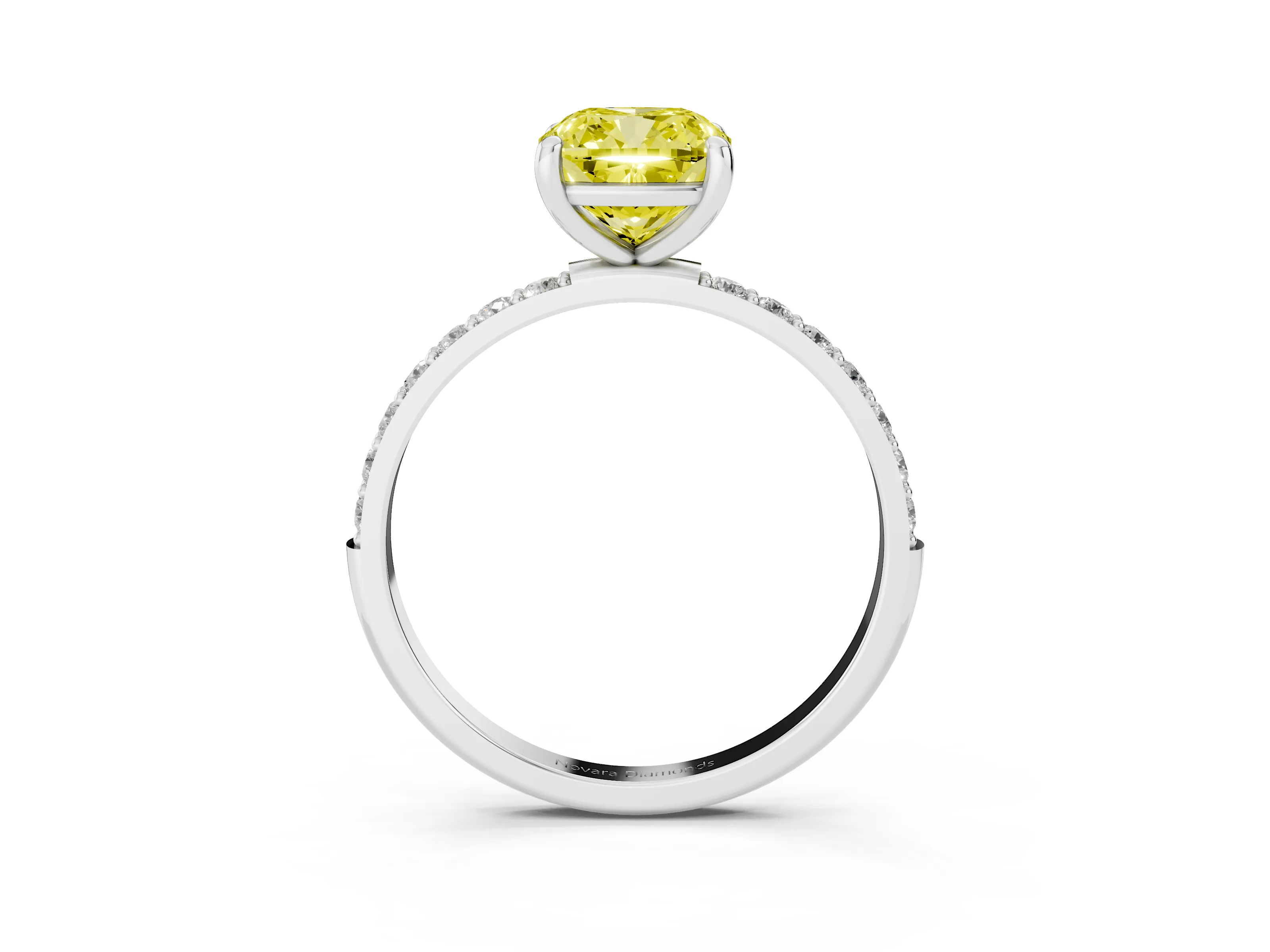 Fancy Yellow Cushion Cut Diamond Solitaire Ring Set in Silver with Round Pavé Band and Prong Setting