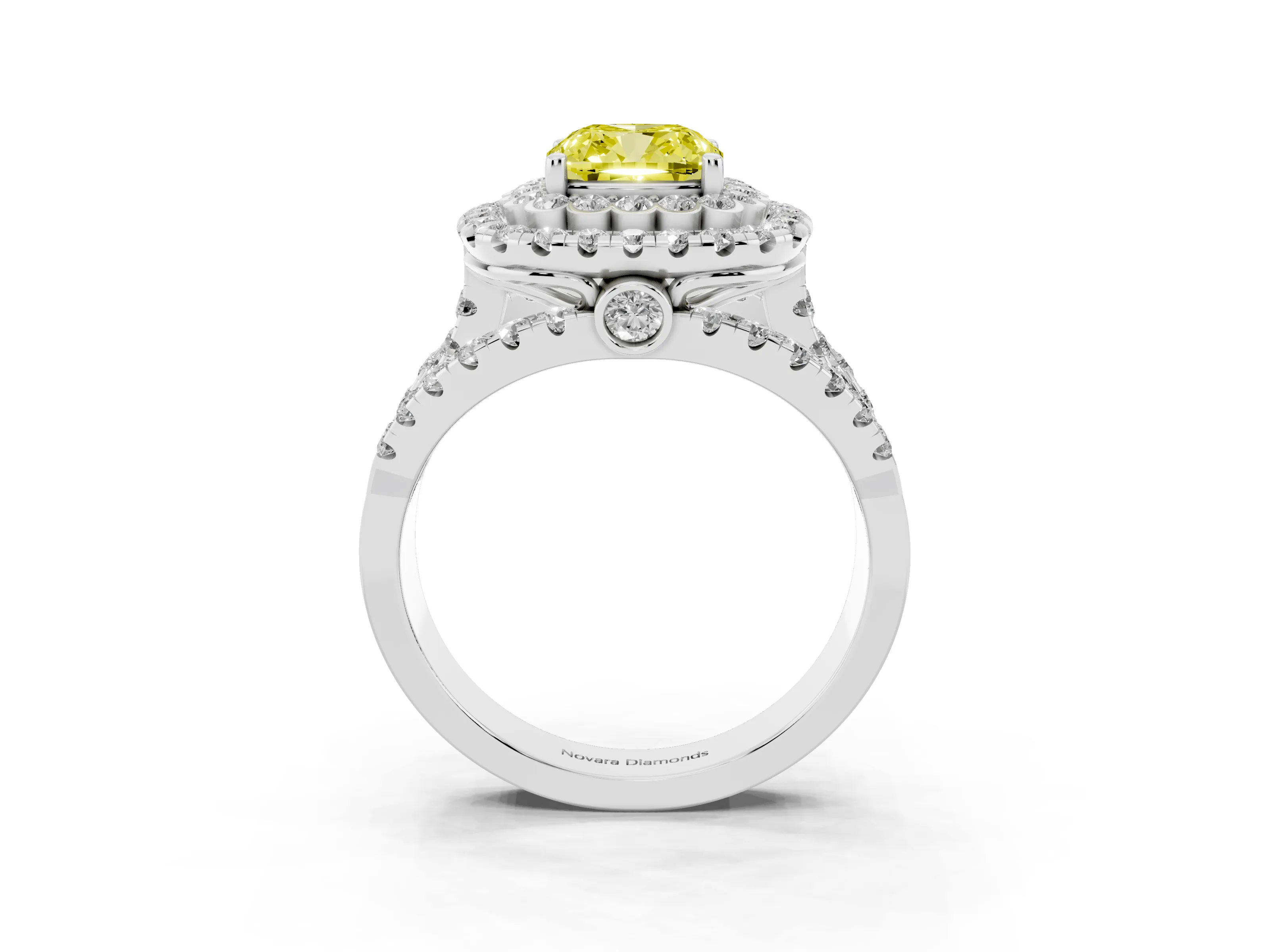 Fancy Yellow Cushion Cut Diamond Double Halo Ring Set in Silver with Round Pavé Split Shank