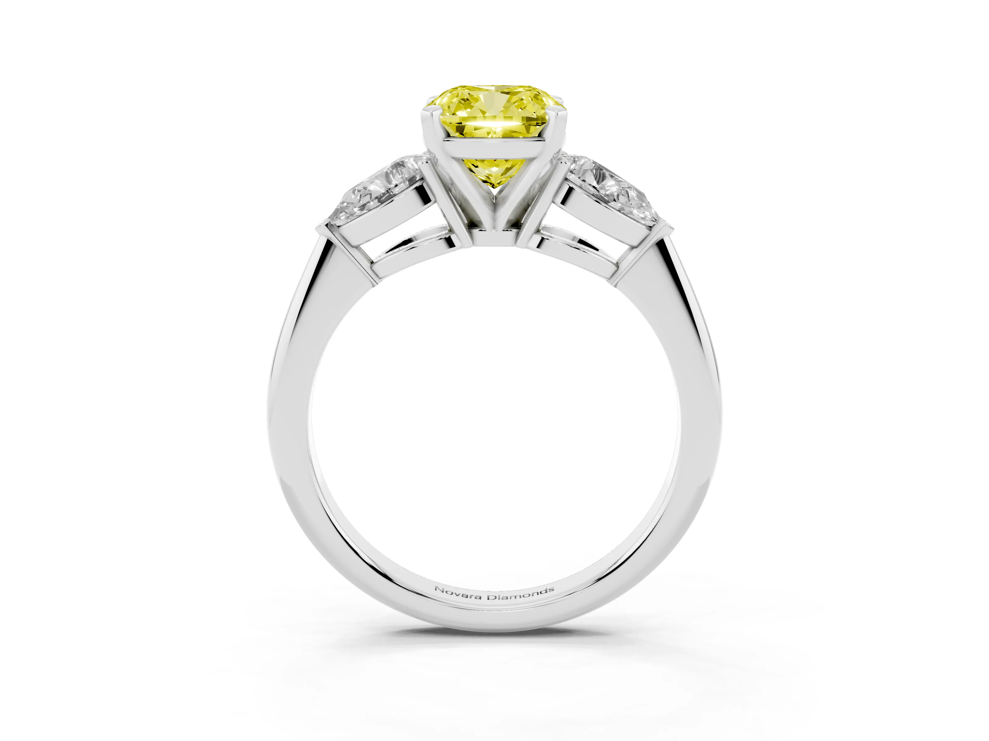 Fancy Yellow Three-Stone Cushion Cut Diamond Ring Set in Silver with Pear Side Stones and Prong Setting