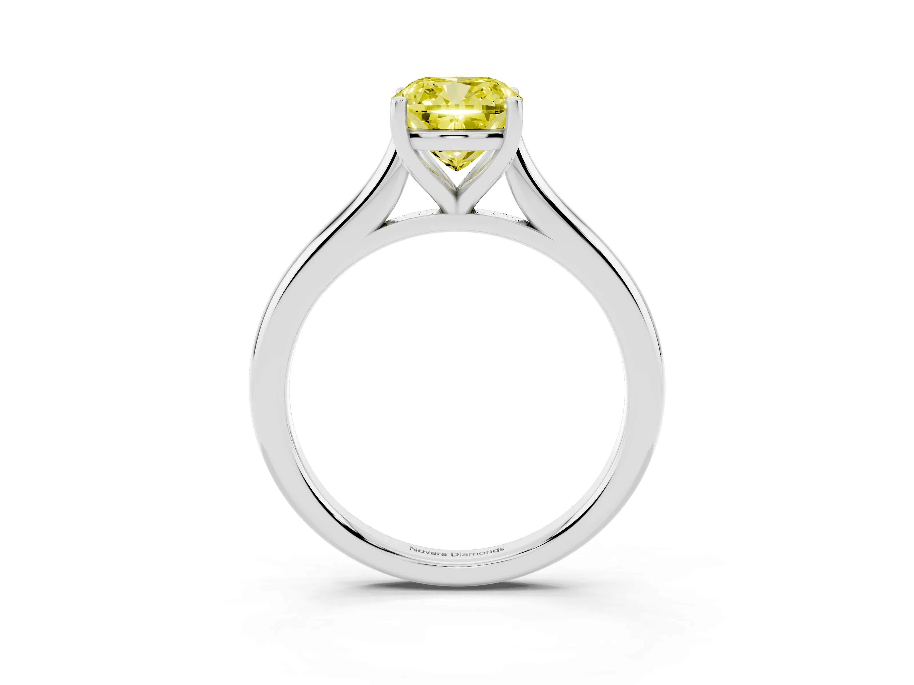 Fancy Yellow Cushion Cut Diamond Solitaire Ring Set in Platinum with Cathedral Band and Prong Setting