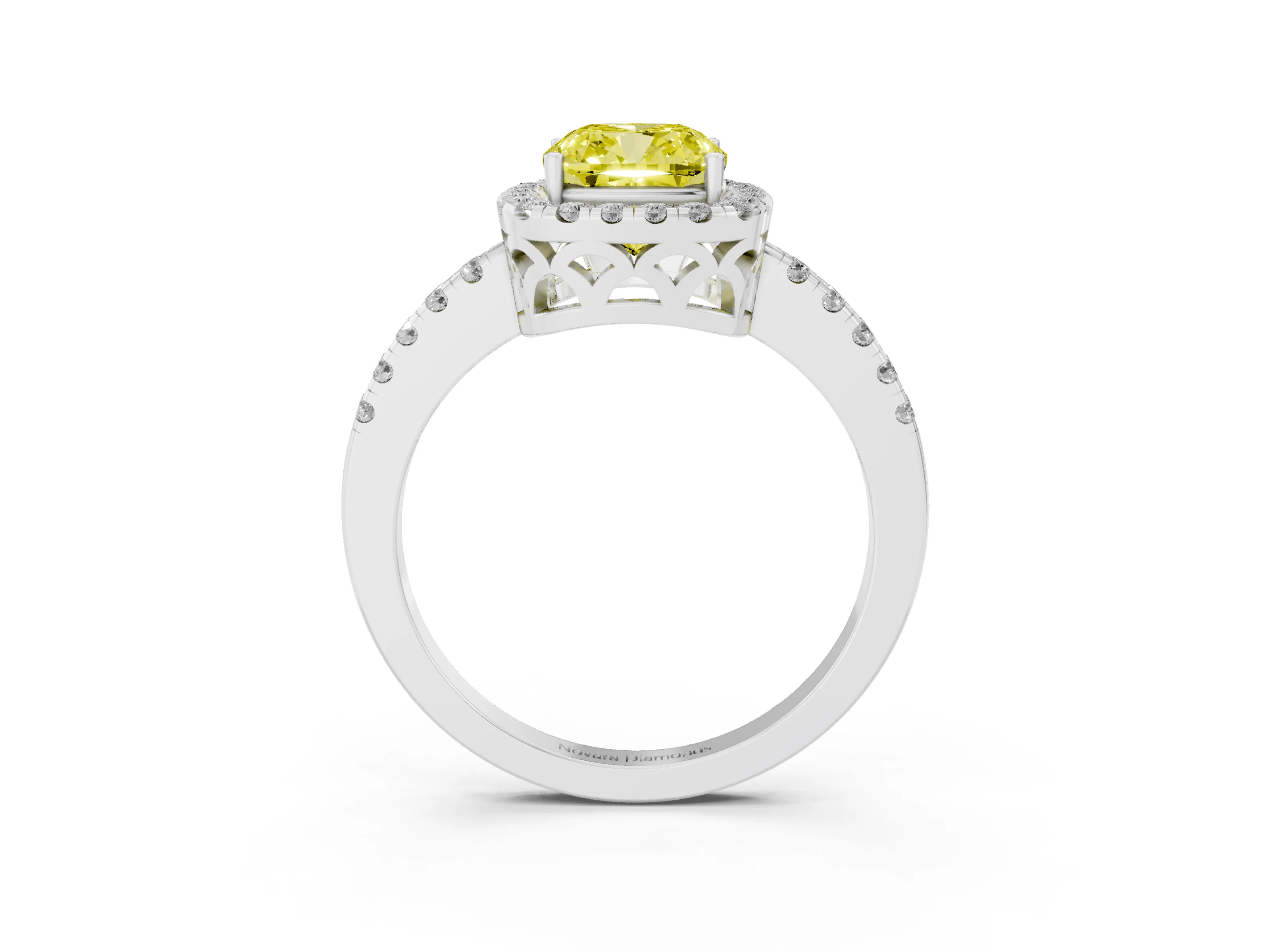Fancy Yellow Cushion Cut Diamond Pavé Band Halo Engagement Ring Set in White gold with Prong Setting