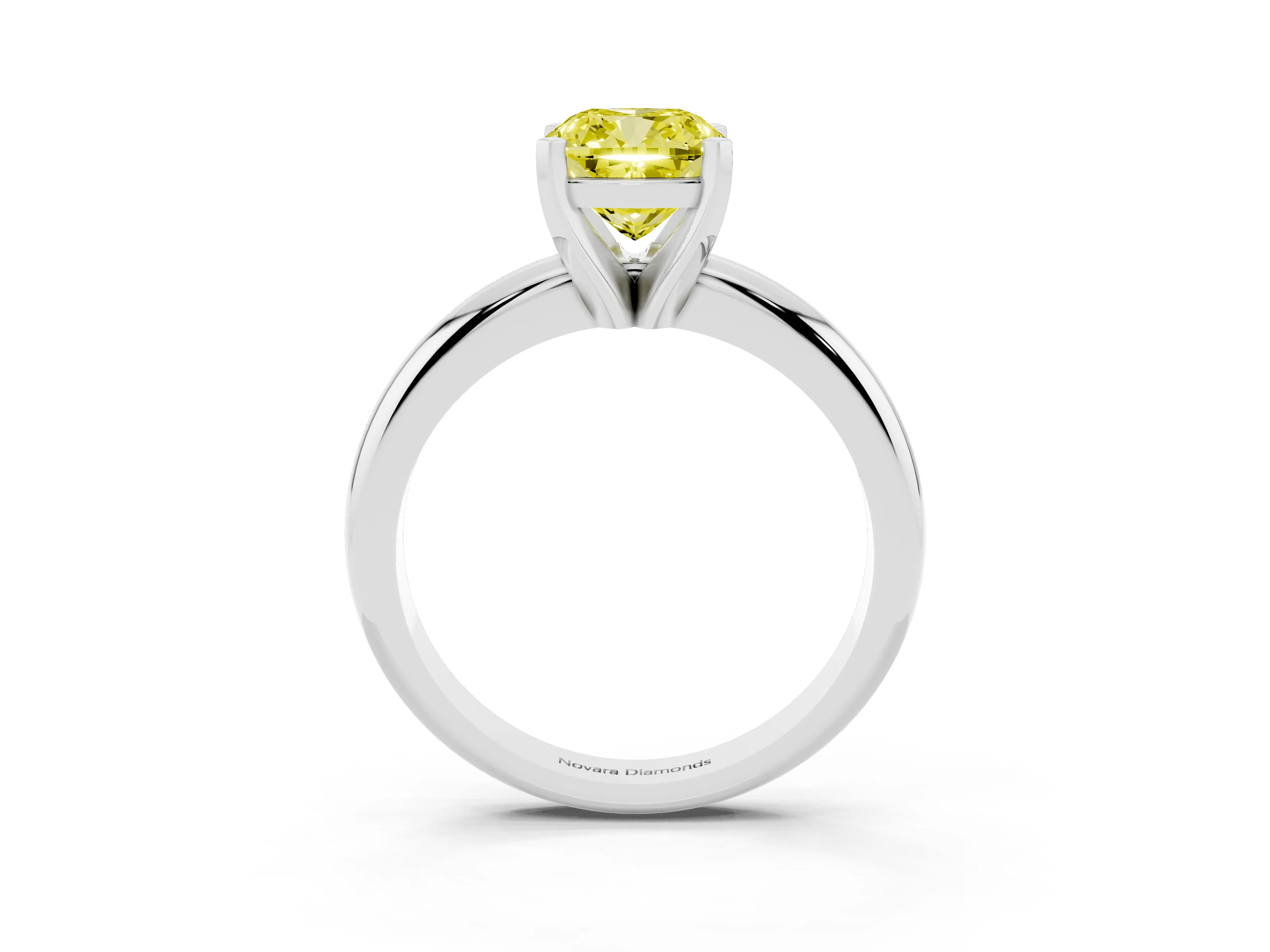 Fancy Yellow Cushion Cut Diamond Solitaire Engagement Ring Set in White gold with Round Band and Prong Setting