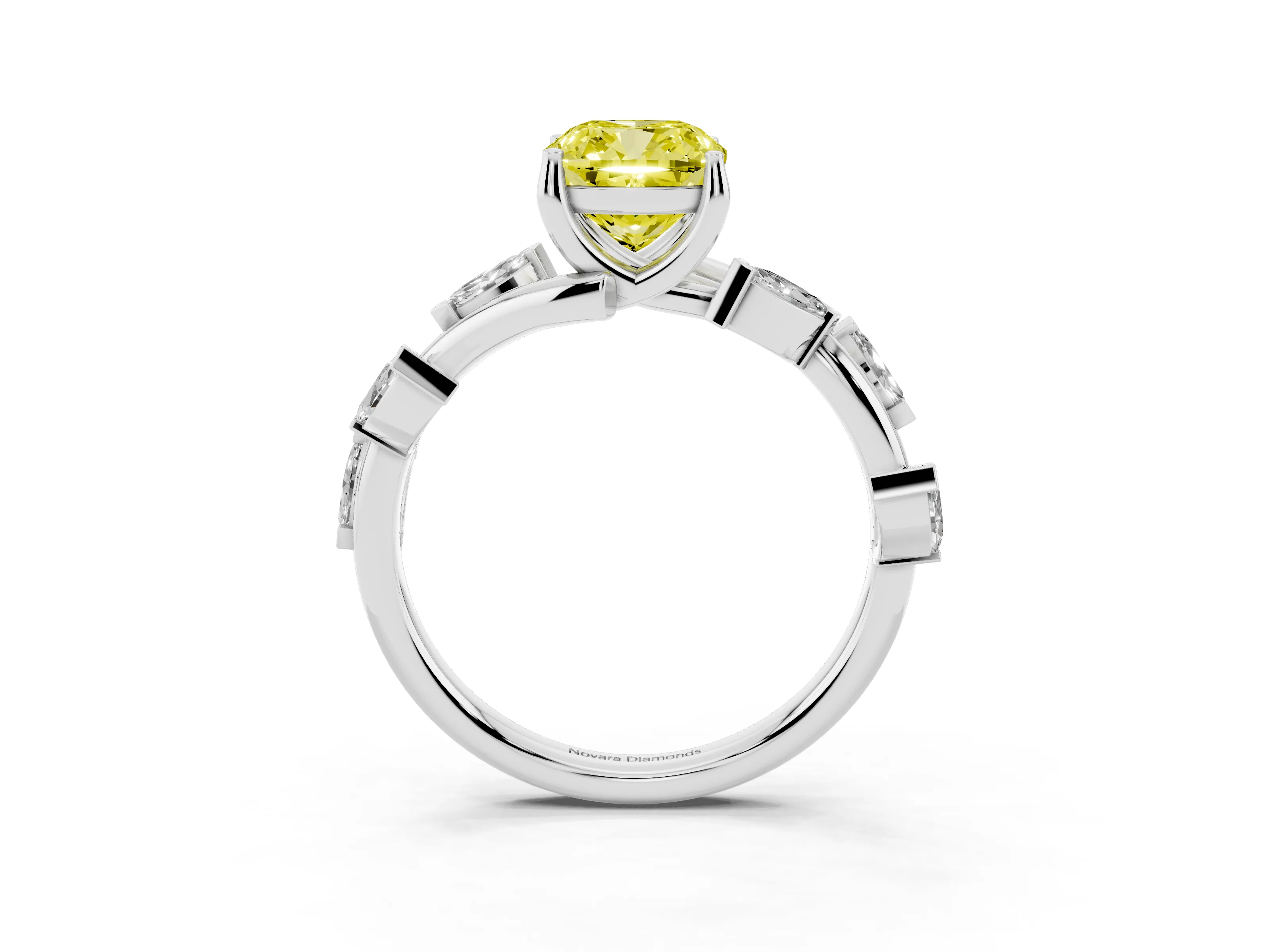 Fancy Yellow Cushion Cut Diamond Solitaire Ring Set in Platinum with Twisted Marquise Accent Band