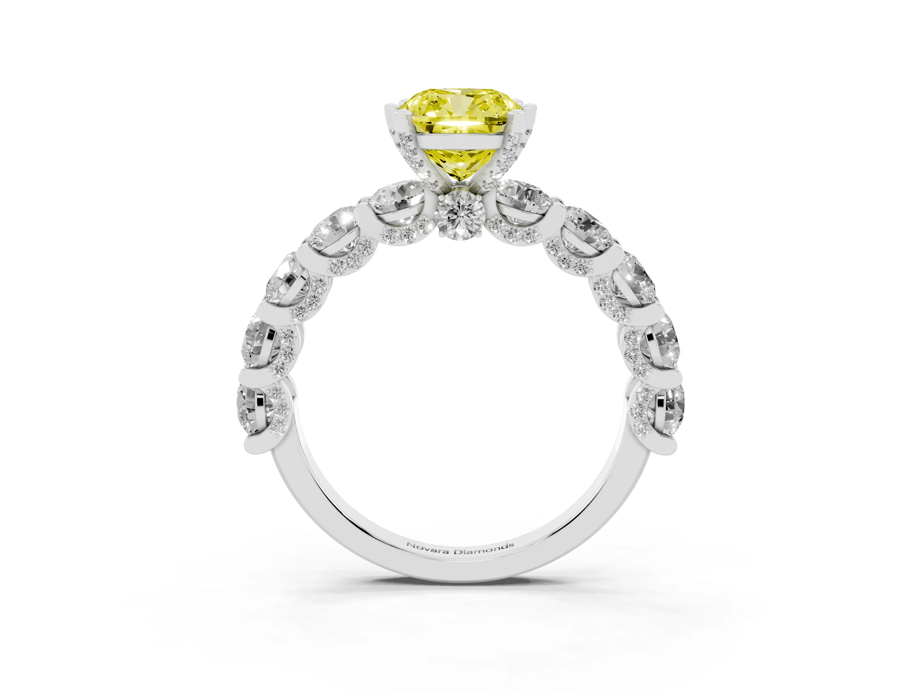 Fancy Yellow Cushion Cut Diamond Side Stone Ring Set in Silver with Alternating Round and Oval Side Stones