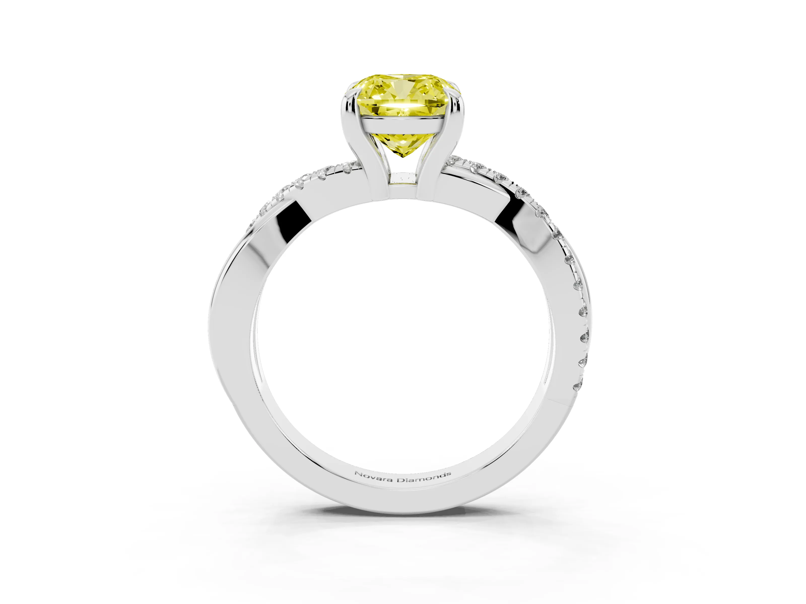 Fancy Yellow Cushion Cut Diamond Twist Band Pavé Solitaire Ring Set in Silver with Prong Setting