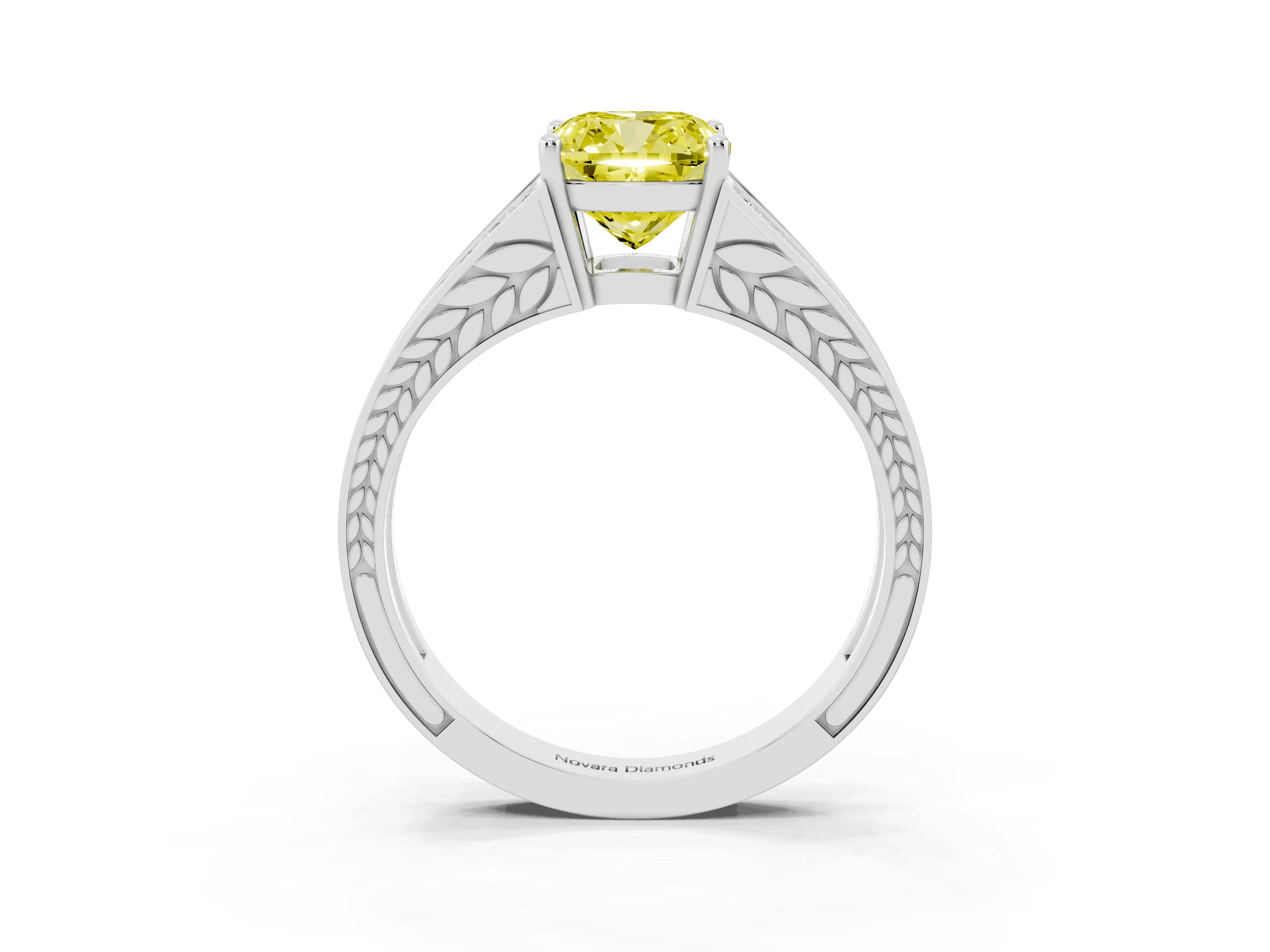Fancy Yellow Cushion Cut Diamond Split Shank Ring Set in Platinum with Pavé Band and Prong Setting