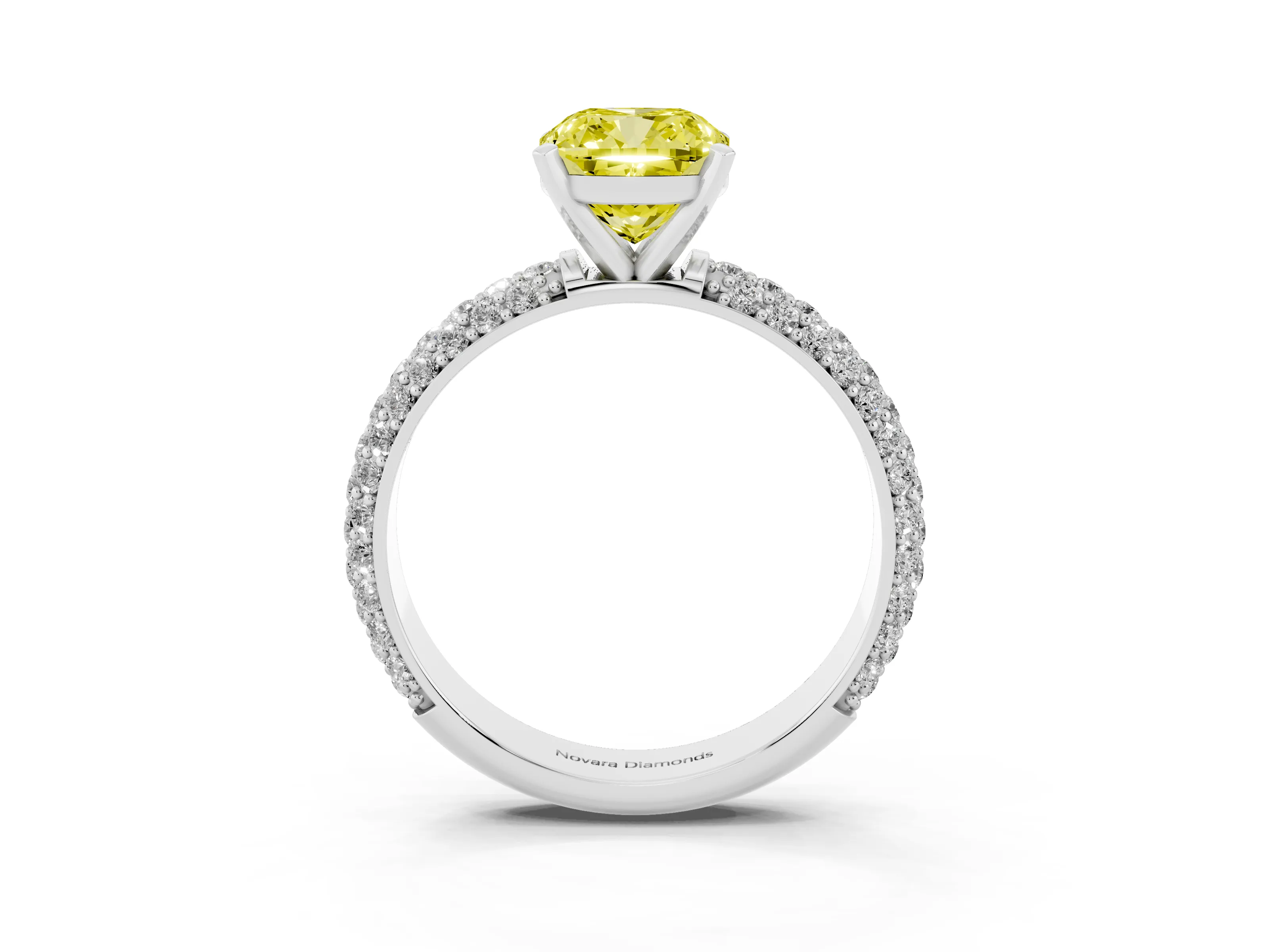 Fancy Yellow Cushion Cut Diamond Solitaire Ring Set in White gold with Prong Setting and Pavé-Set Band