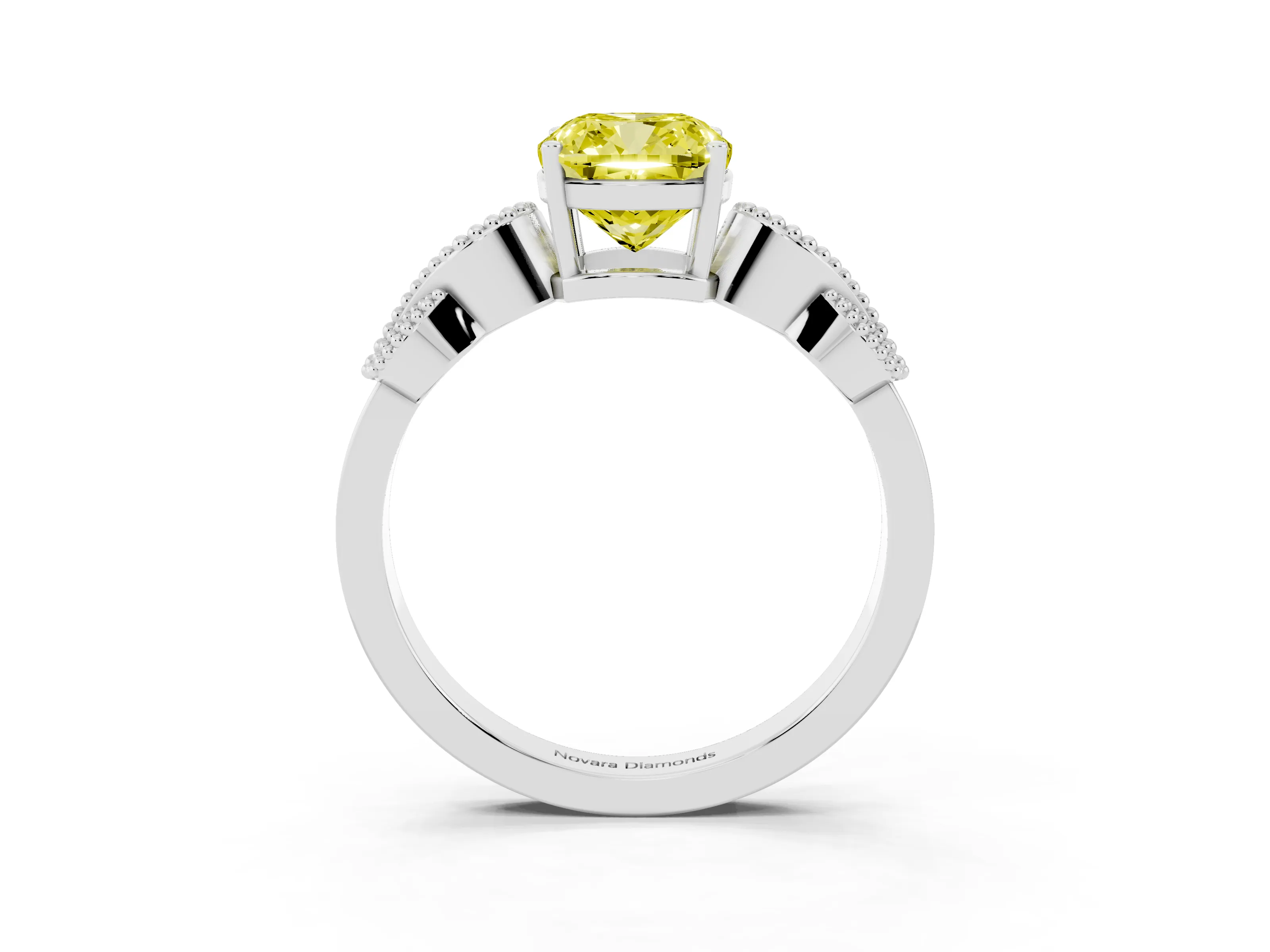 Fancy Yellow Cushion Cut Diamond Milgrain Leaf Band Solitaire Ring Set in Platinum with Accent Stones and Prong Setting