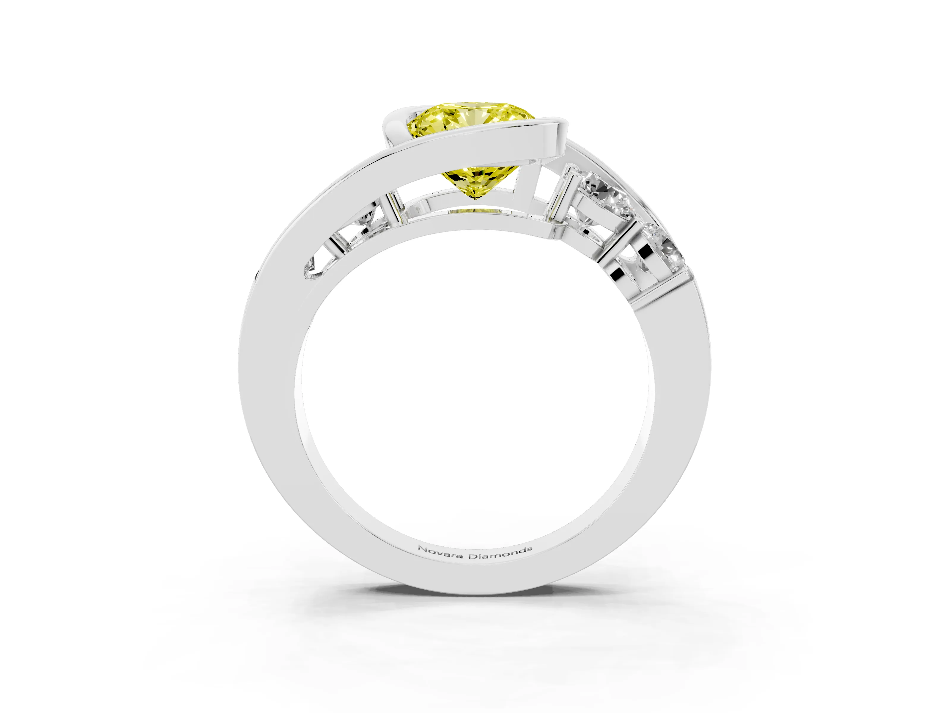 Fancy Yellow Cushion Cut Diamond Bezel Bypass Ring Set in Silver with Round Accents