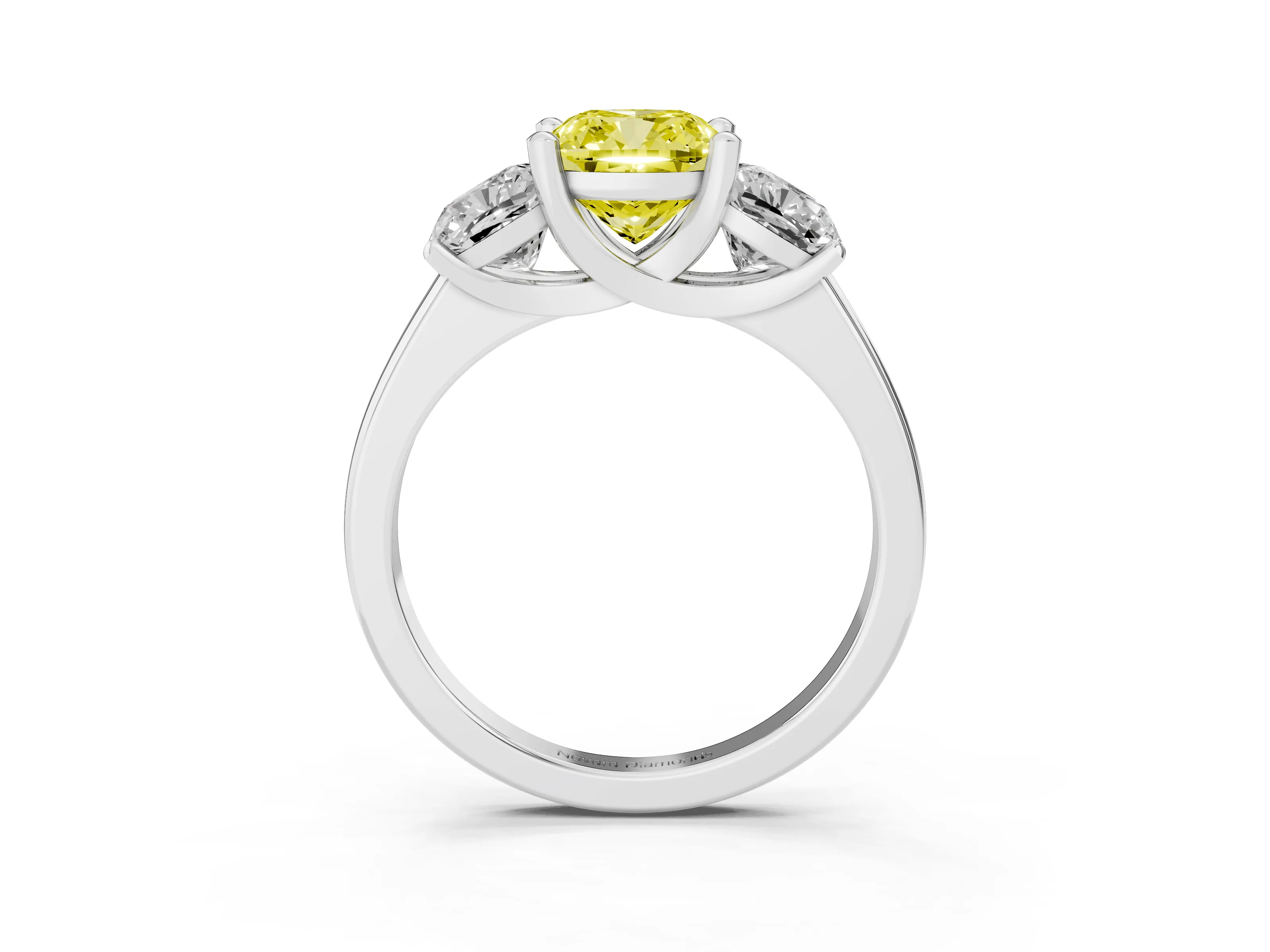Fancy Yellow Cushion Cut Diamond Three-Stone Ring Set in White gold with Classic Prong Setting and Plain Band