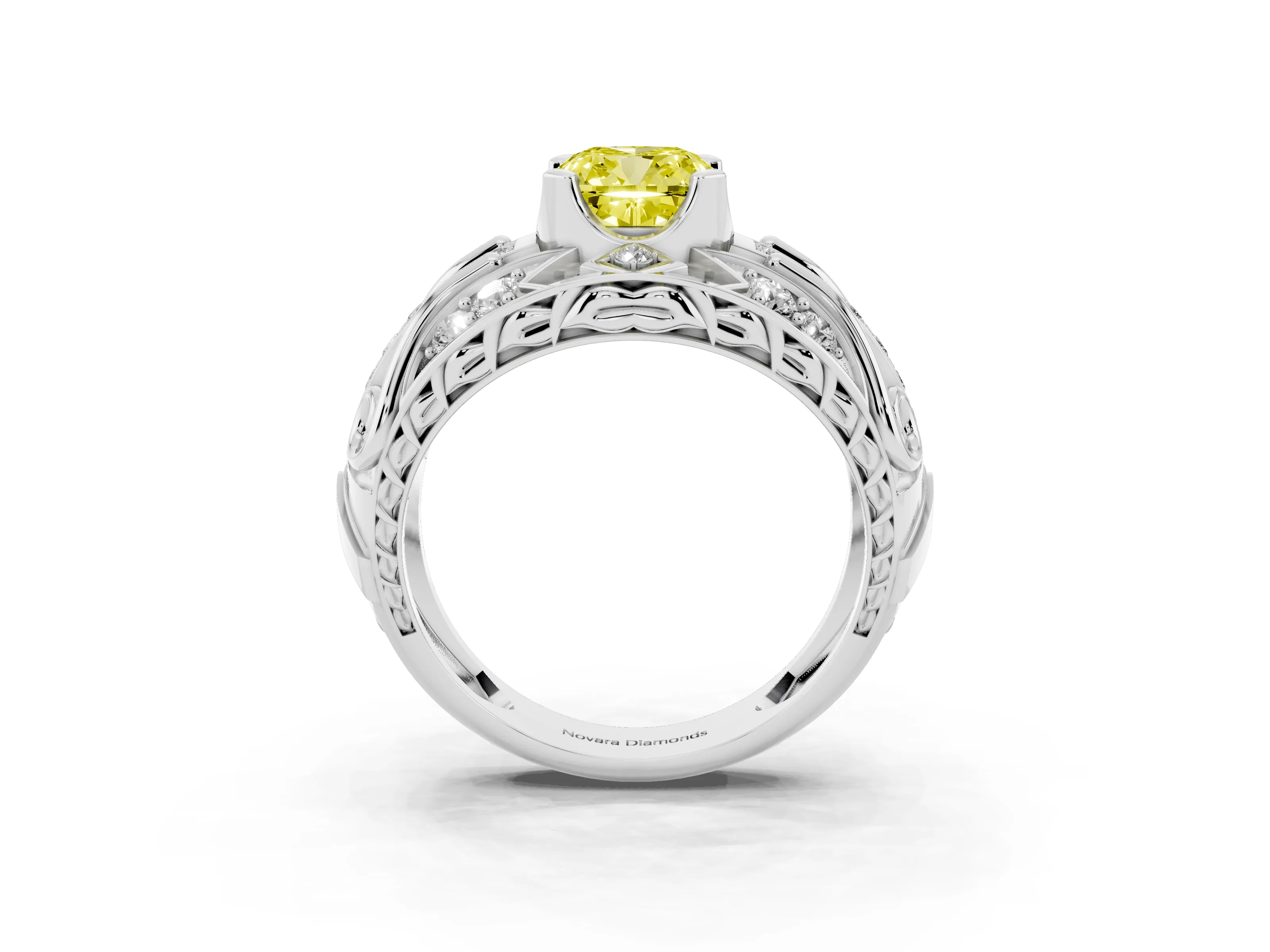 Fancy Yellow Cushion Cut Diamond Art Deco Ring Set in Platinum with Pavé Split Shank