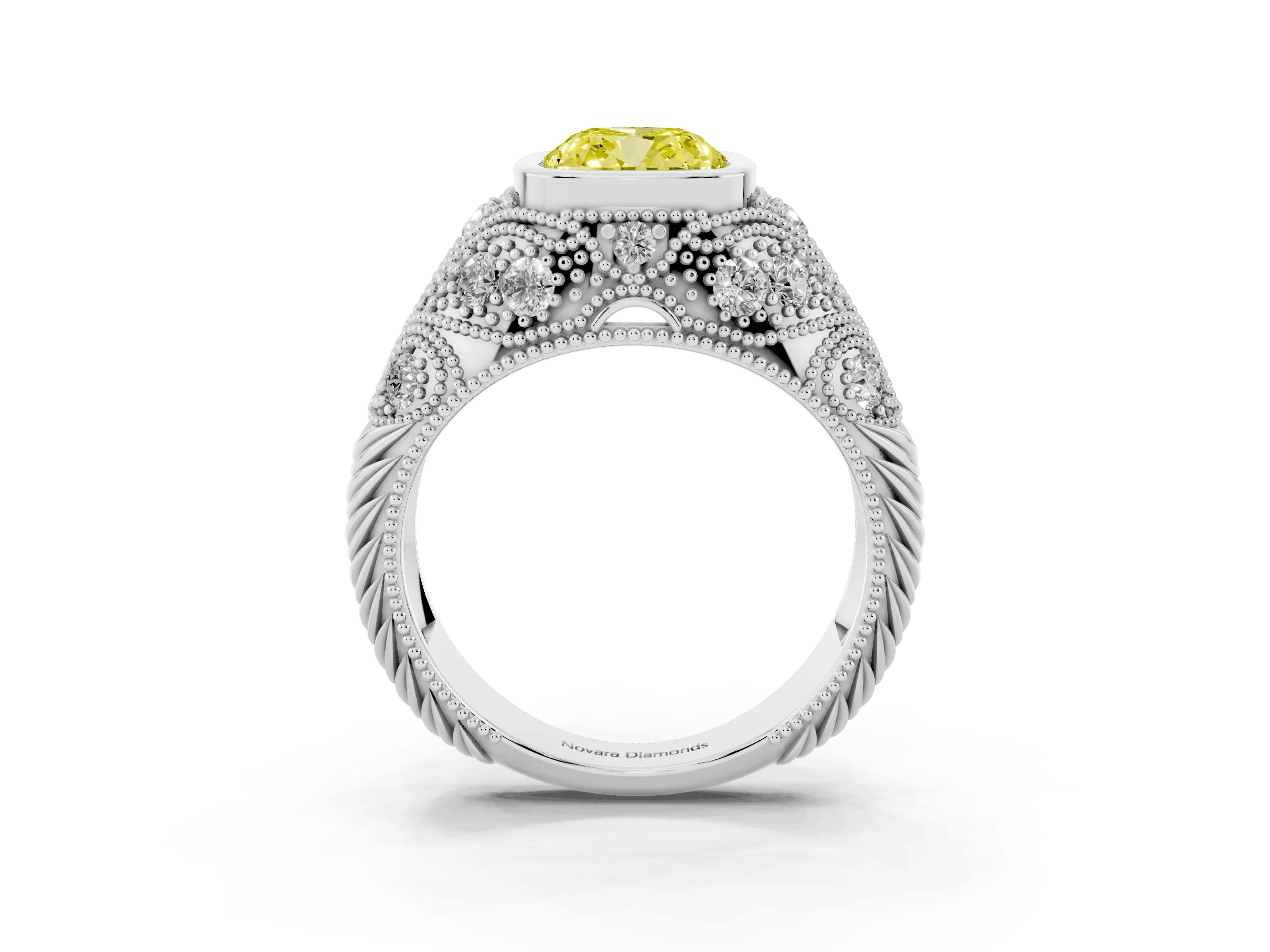 Fancy Yellow Cushion Cut Diamond Bezel Ring Set in Silver with Milgrain Accent Band