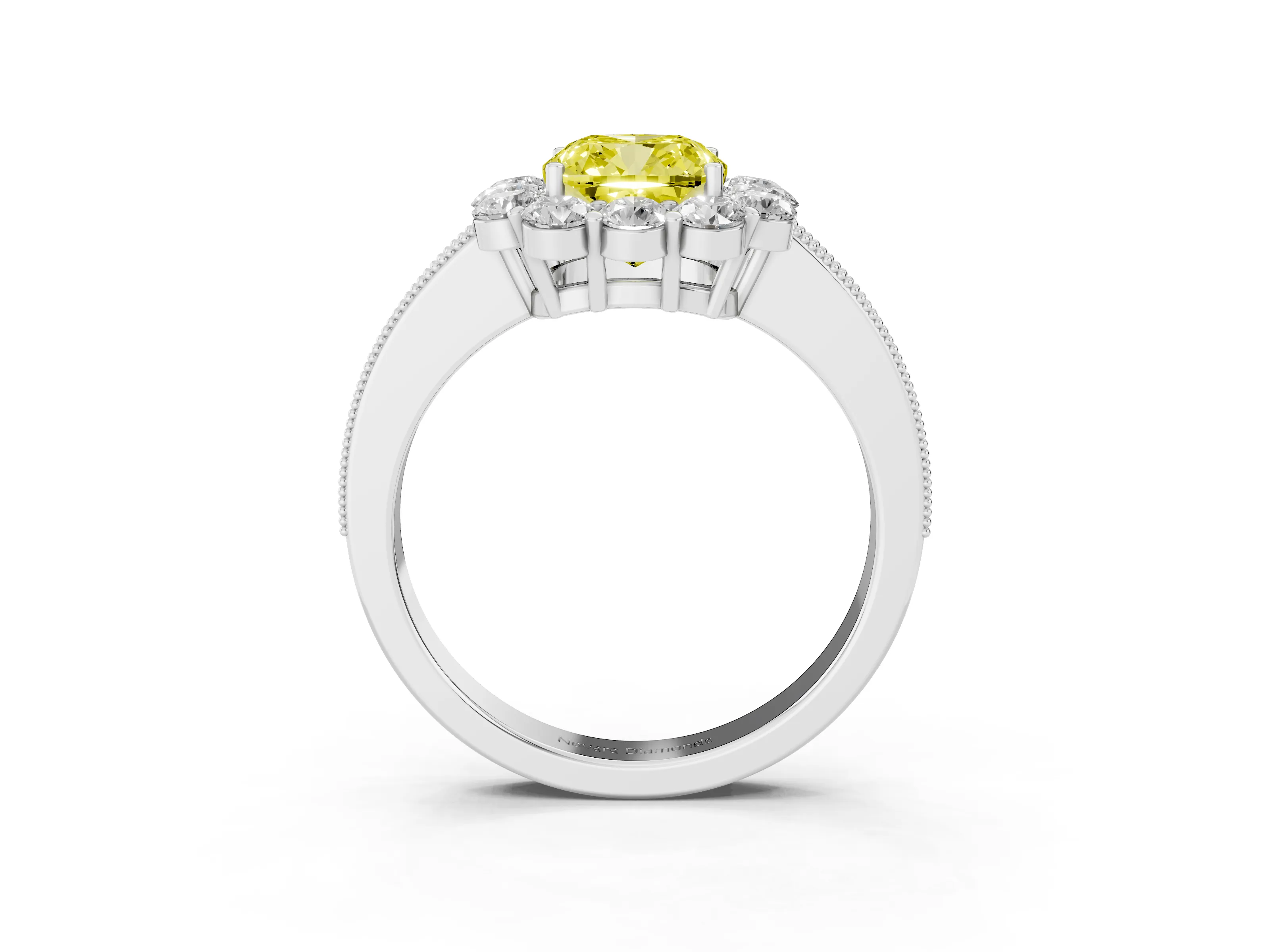 Fancy Yellow Cushion Cut Diamond Halo Pavé Engagement Ring Set in Silver with Milgrain Detailing