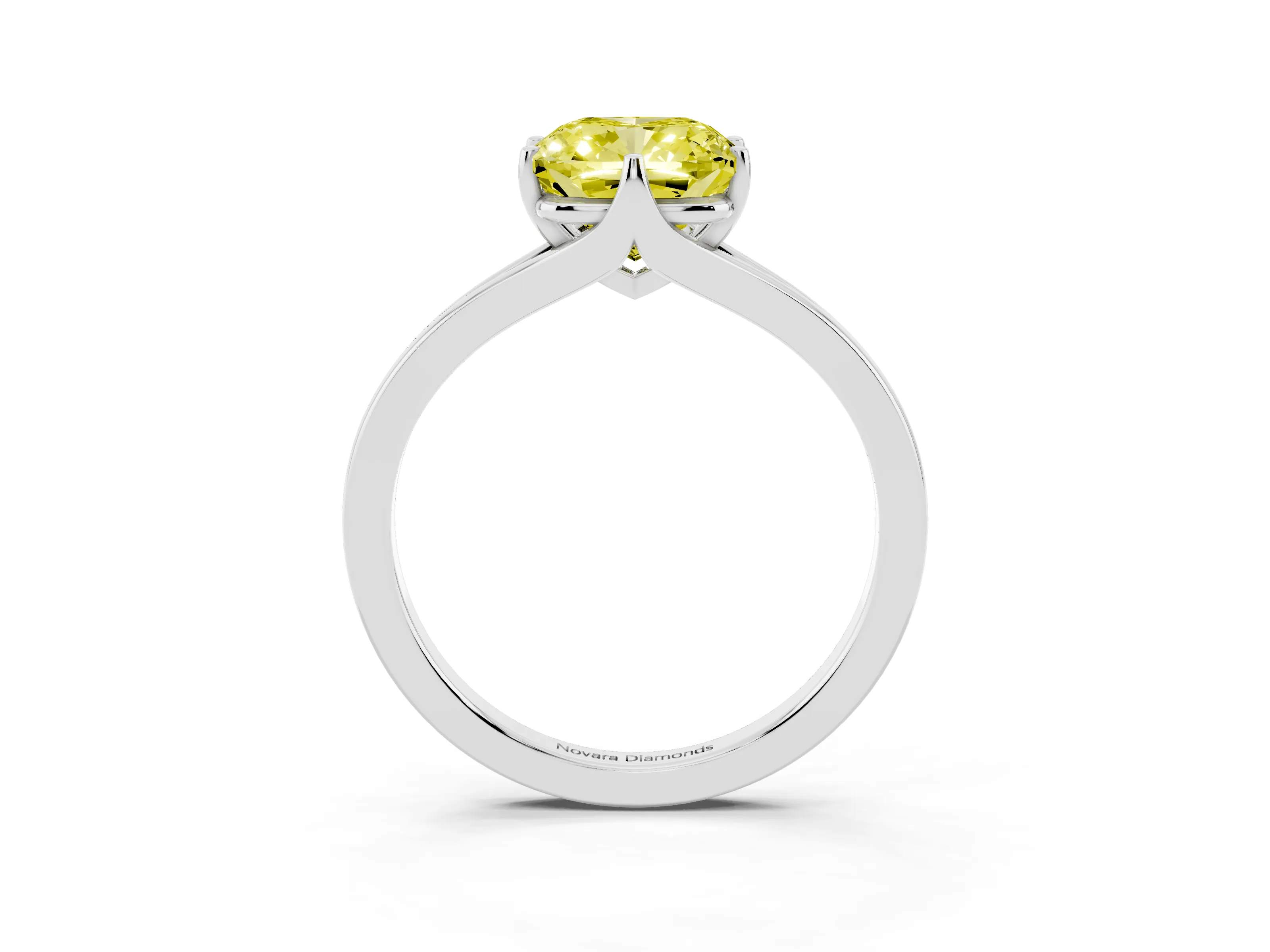 Fancy Yellow Cushion Cut Diamond Solitaire Ring Set in White gold with Polished Tapered Band and Prong Setting