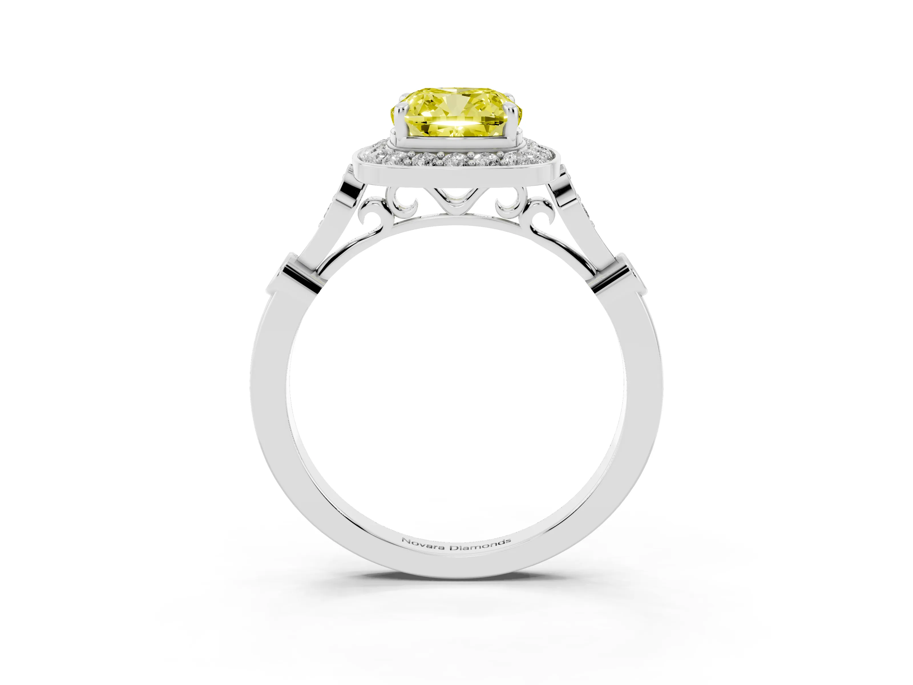 Fancy Yellow Cushion Cut Diamond Halo Engagement Ring Set in White gold with Twisted Band and Prong Setting