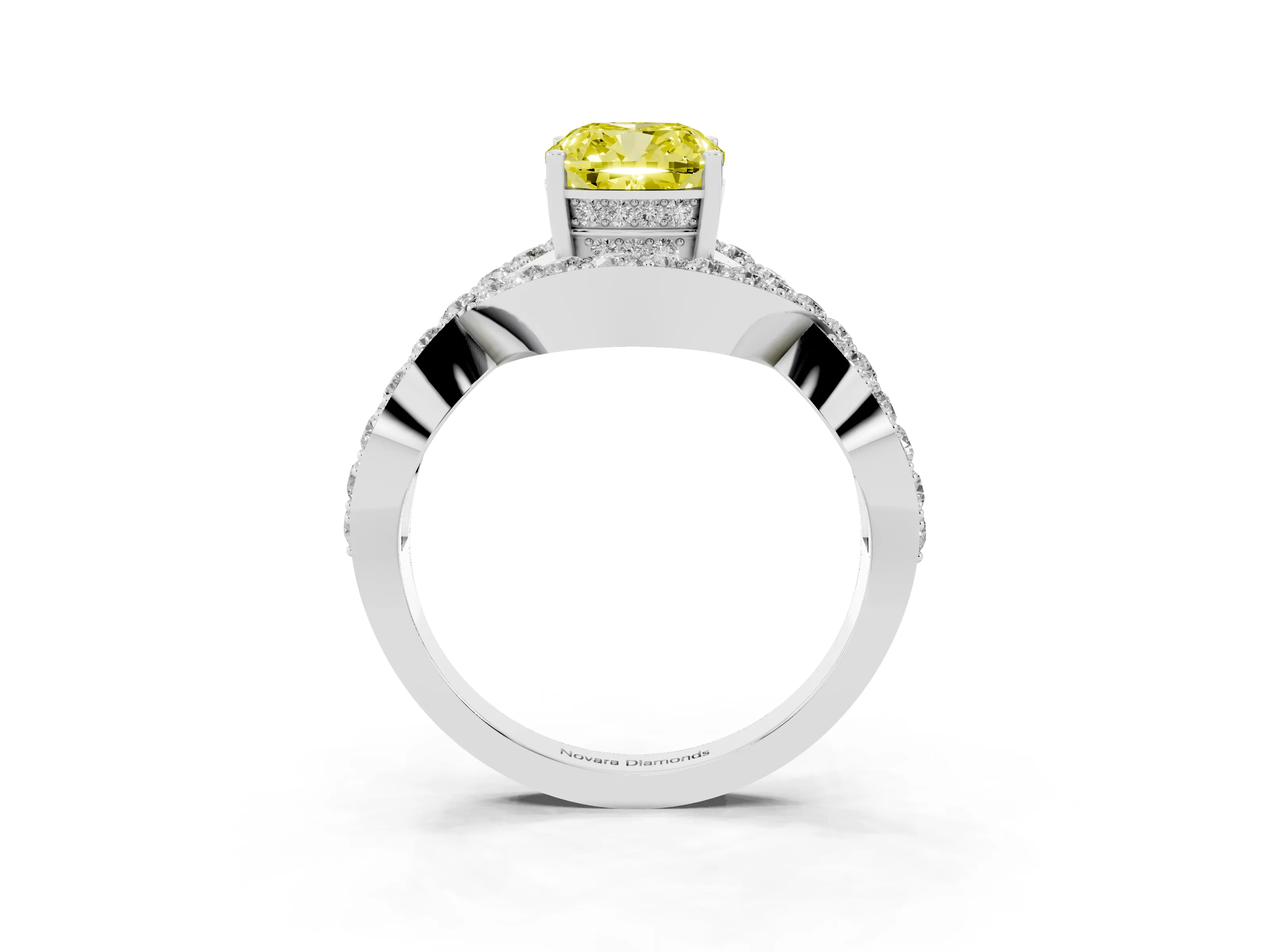 Fancy Yellow Cushion Cut Diamond Solitaire Twist Band Pavé Engagement Ring Set in White gold