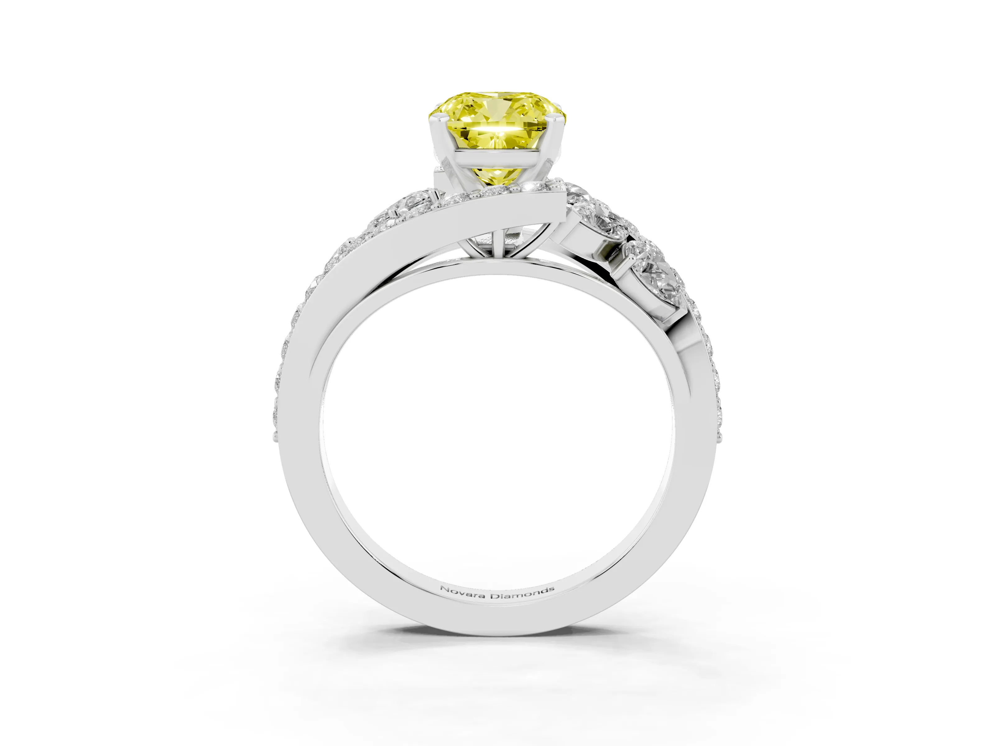 Fancy Yellow Cushion Cut Diamond Halo Ring Set in Silver with Marquise and Pavé Band in Prong Setting