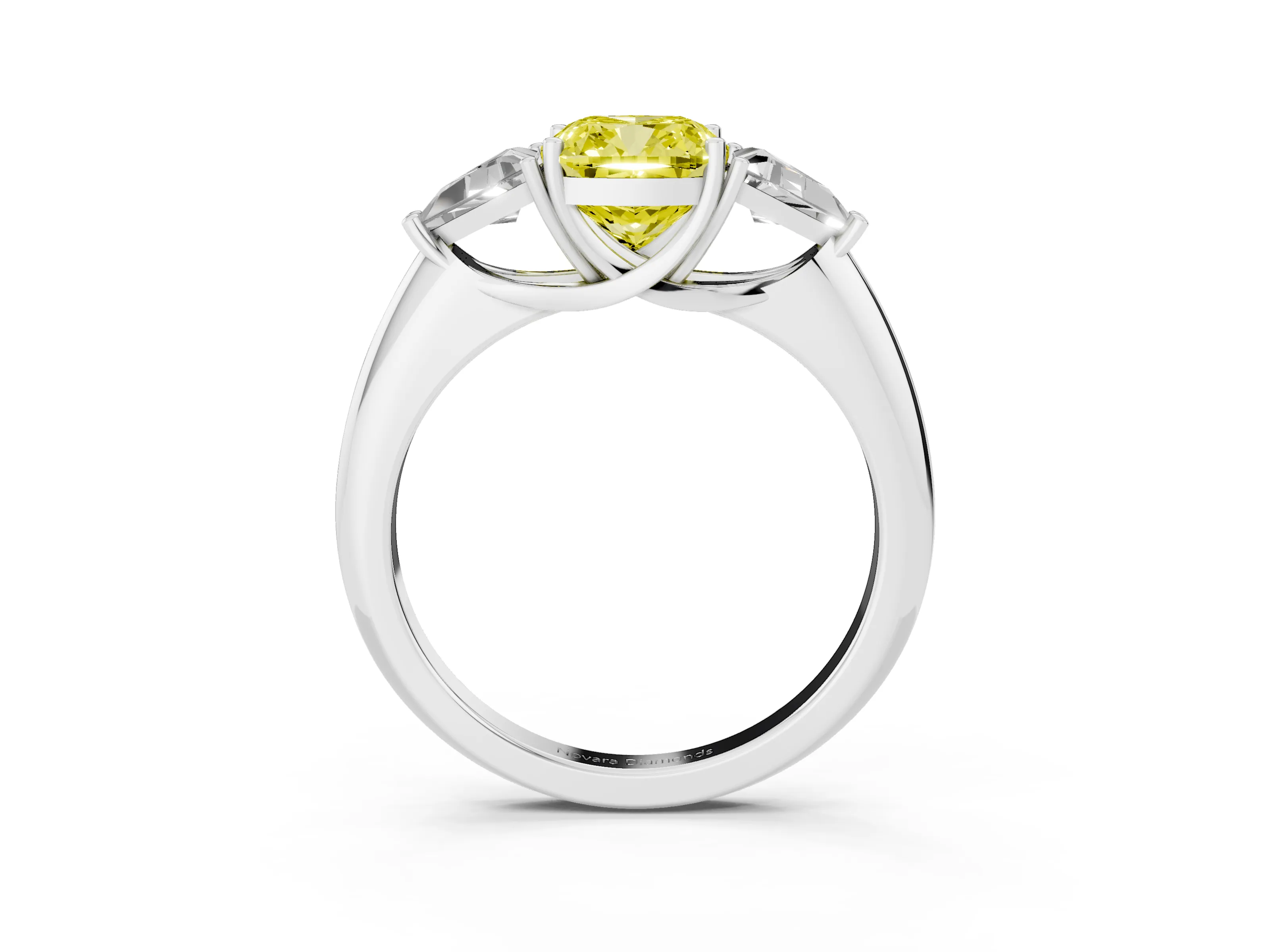 Fancy Yellow Cushion Cut Diamond Three-Stone Engagement Ring Set in Silver with Trillion Side Stones