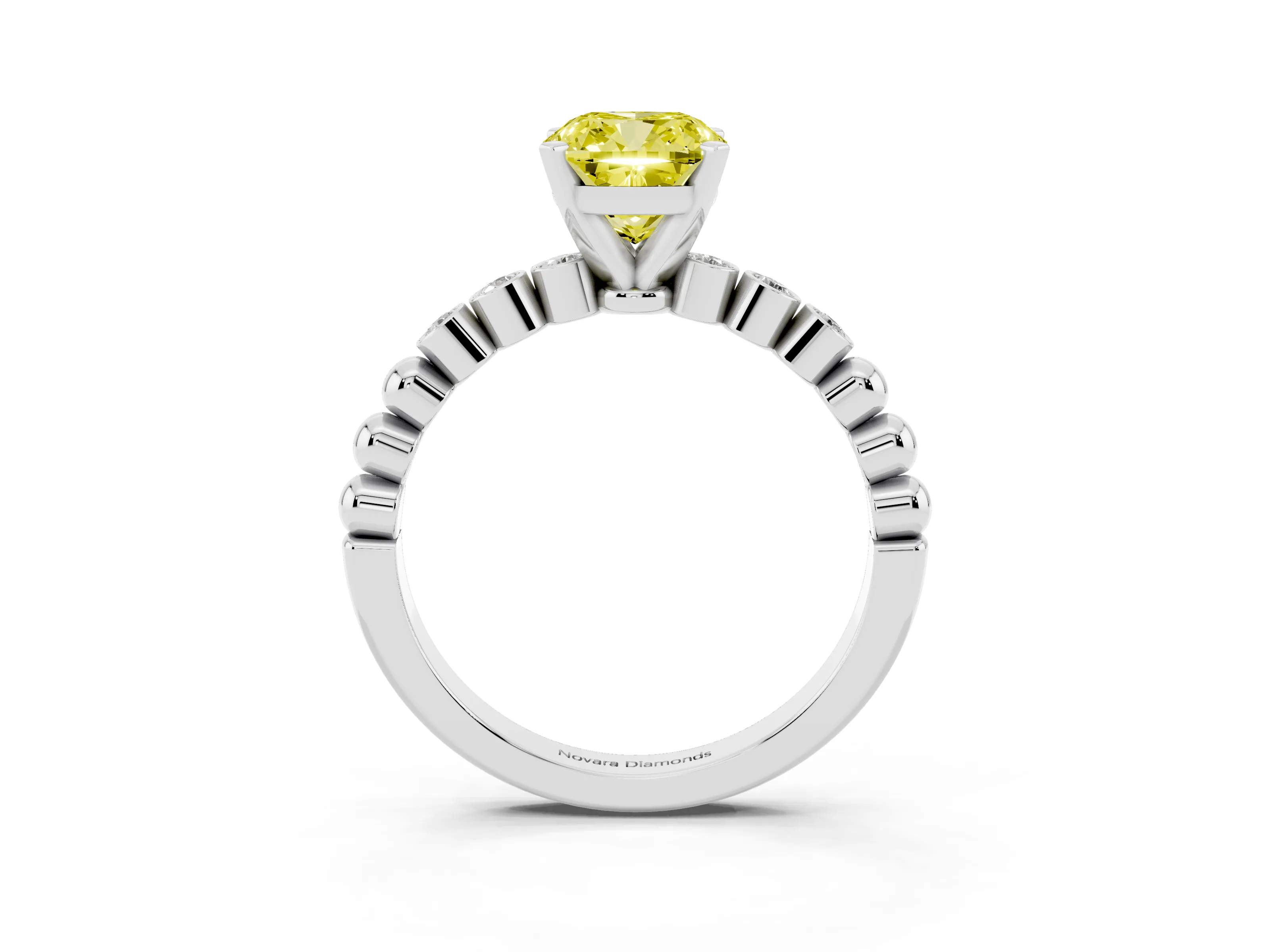 Fancy Yellow Cushion Cut Diamond Solitaire Engagement Ring Set in Silver with Bezel Accents on Beaded Band