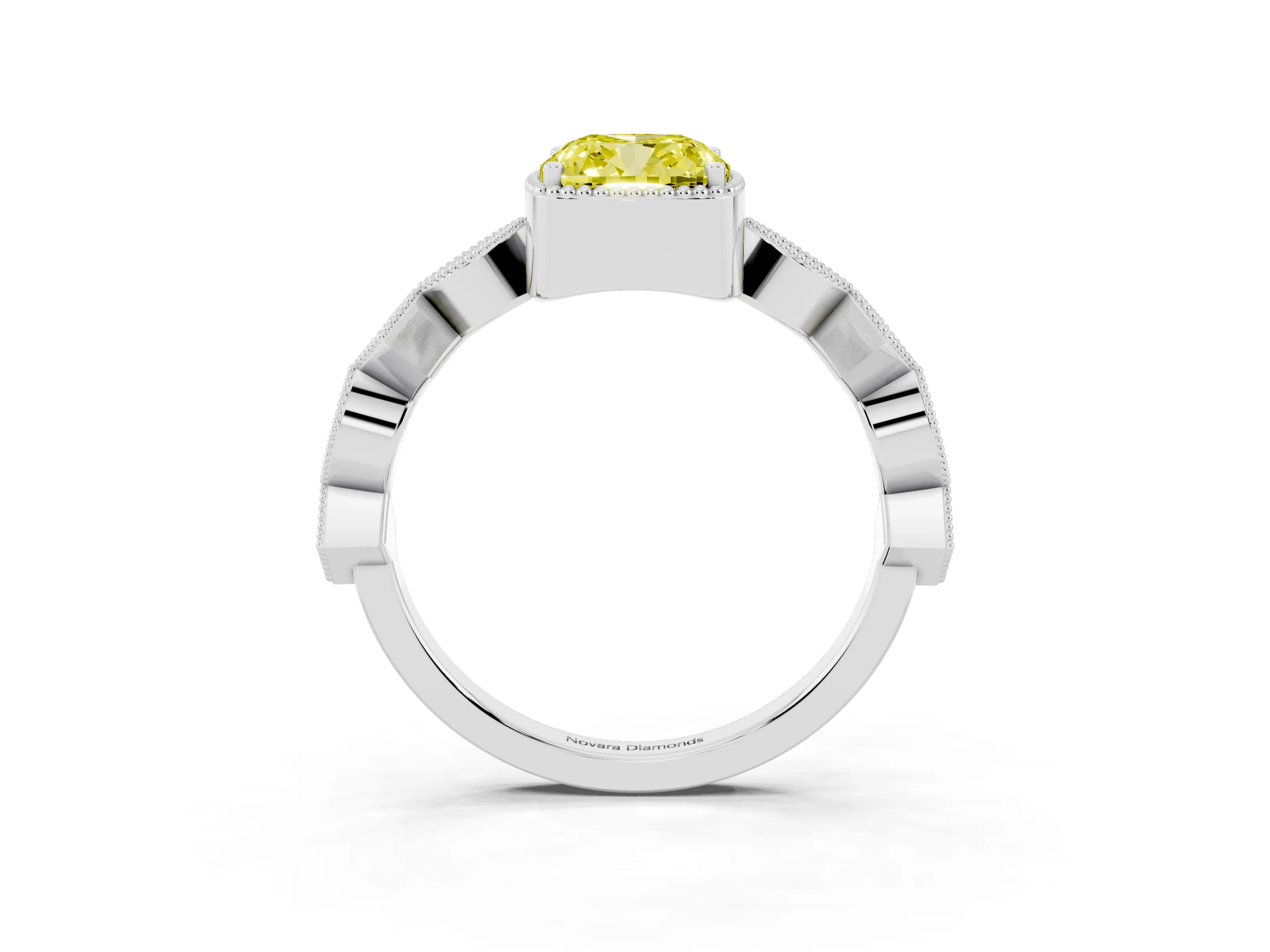 Fancy Yellow Cushion Cut Diamond Milgrain Marquise Twist Band Ring Set in White gold with Prong Setting