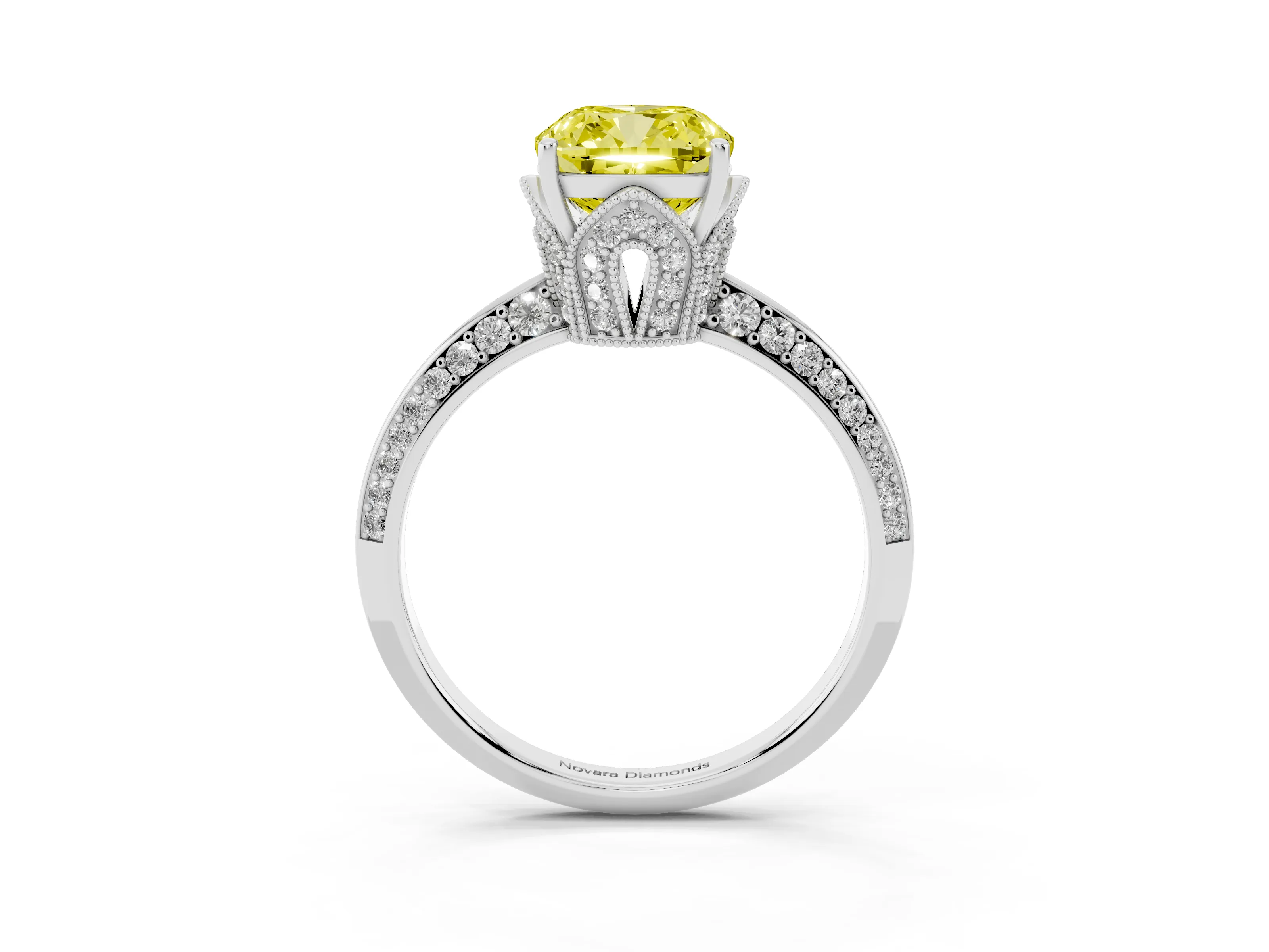 Fancy Yellow Cushion Cut Diamond Solitaire Engagement Ring Set in Platinum with Pavé Split Shank and Prong Setting
