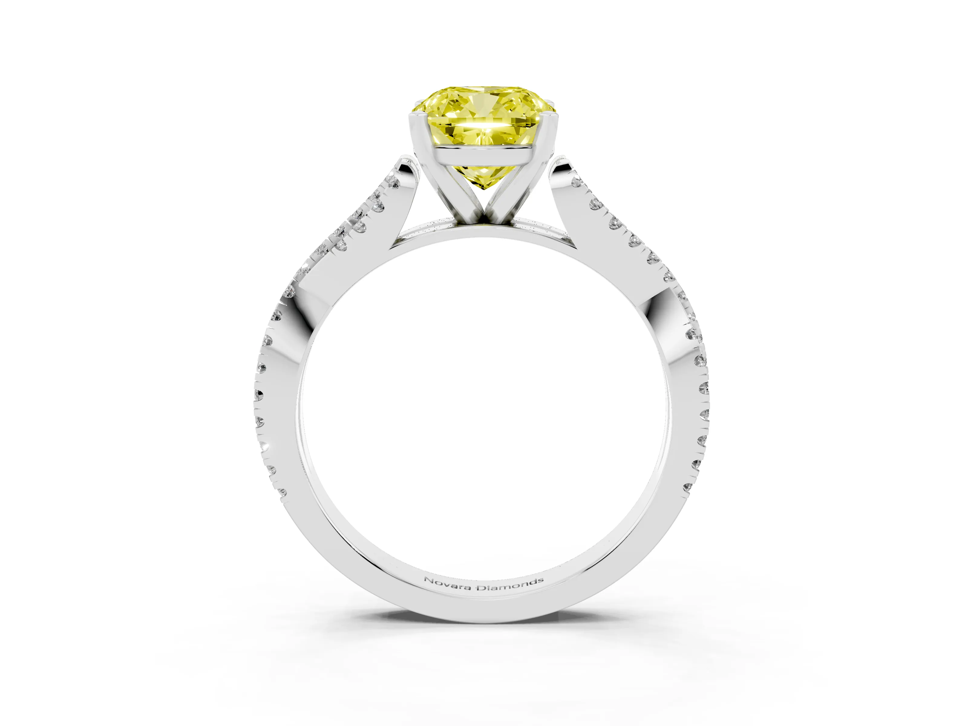 Fancy Yellow Cushion Cut Diamond Solitaire Engagement Ring Set in Platinum with Twisted Pavé Band and Prong Setting