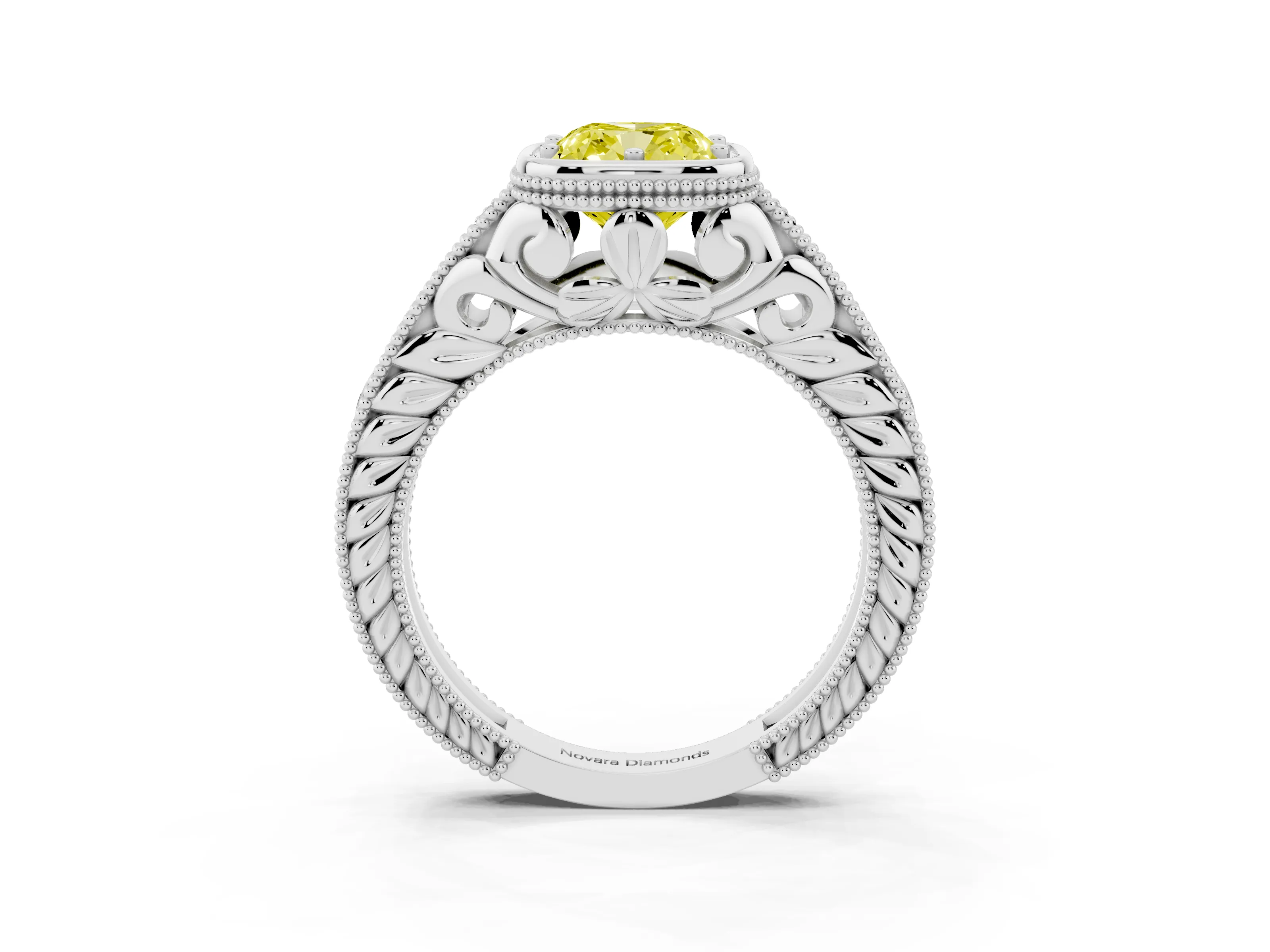 Fancy Yellow Bezel Set Cushion Cut Diamond Milgrain Pavé Engagement Ring Set in White gold