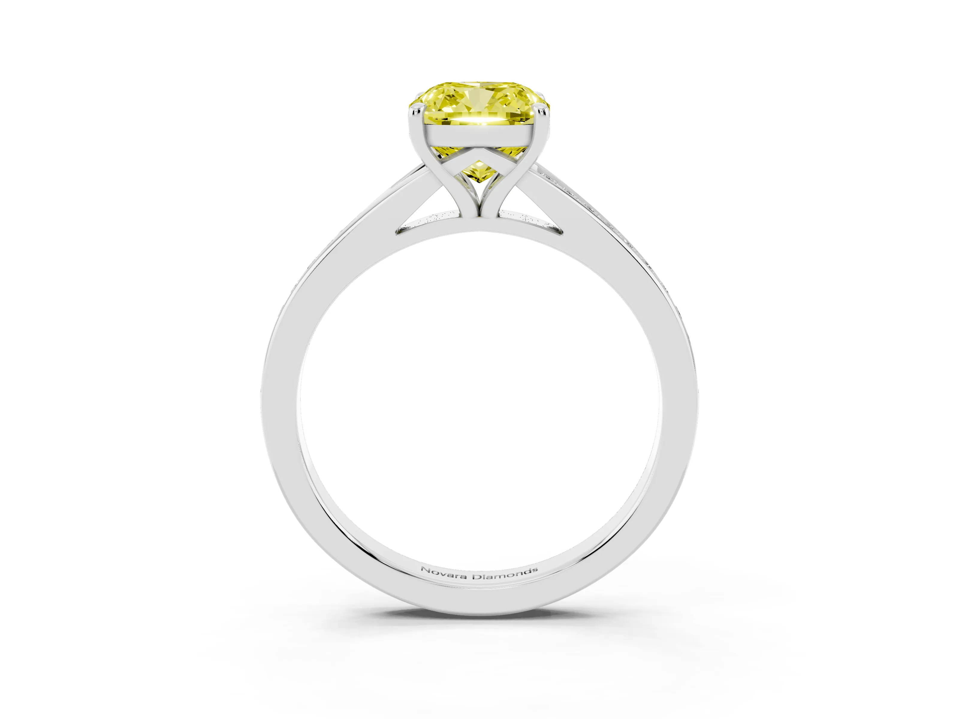 Fancy Yellow Cushion Cut Diamond Solitaire Ring Set in Platinum with Pavé Accent Band and Classic Prong Setting