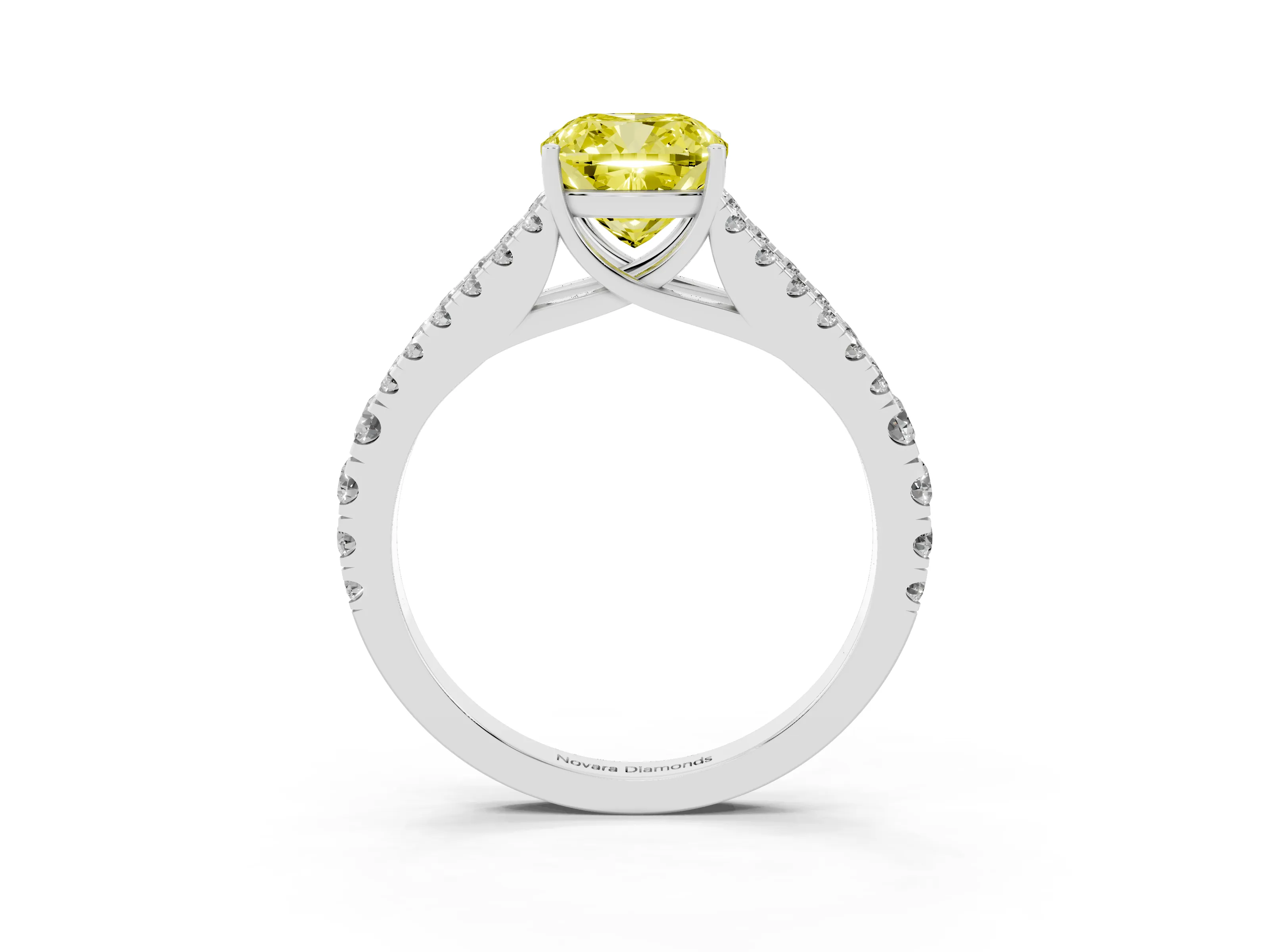 Fancy Yellow Cushion Cut Diamond Split Shank Pavé Engagement Ring Set in Platinum with Prong-Held Center Stone