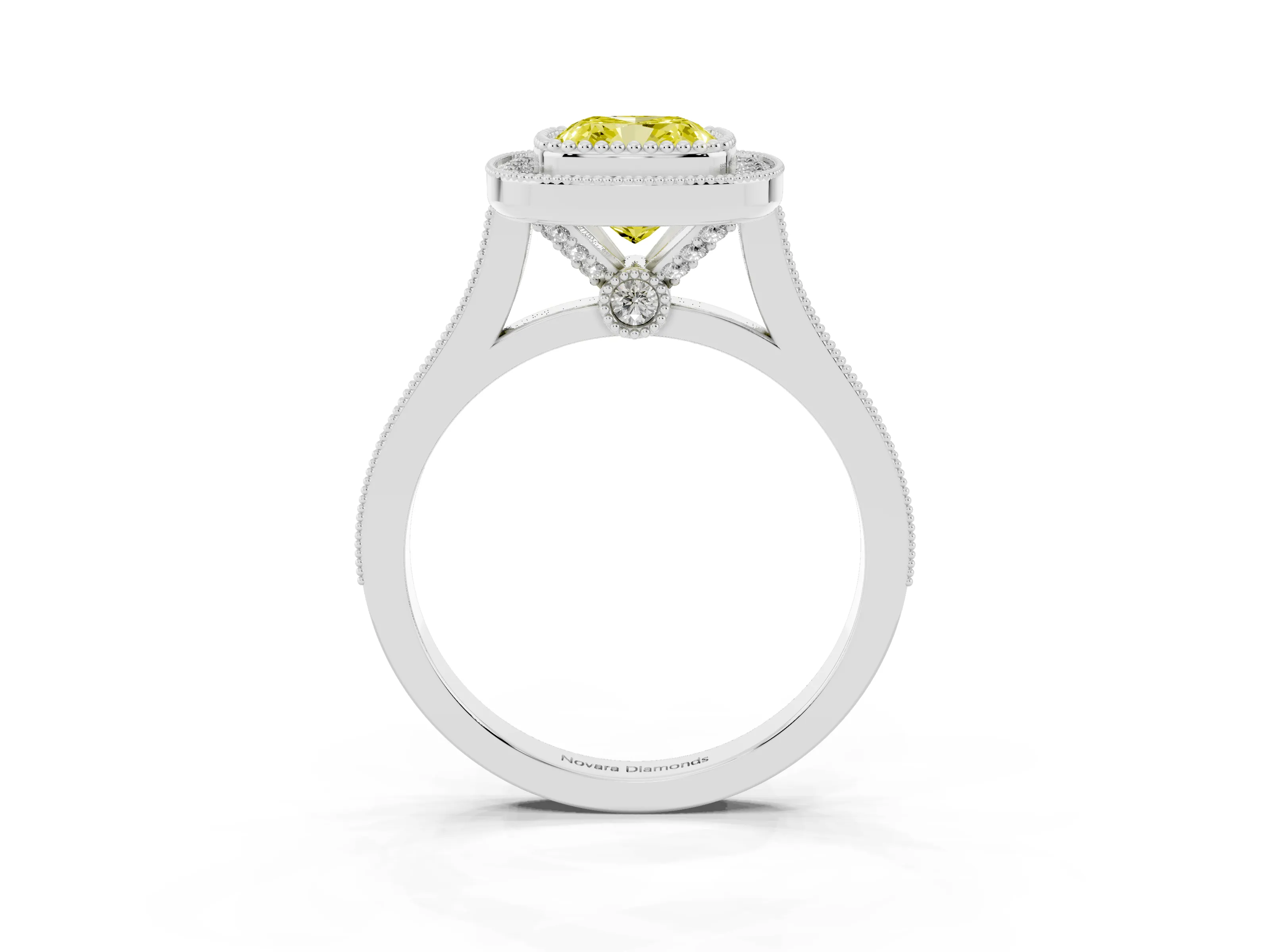 Fancy Yellow Cushion Cut Diamond Halo Ring Set in White gold with Milgrain Frame and Pavé Band