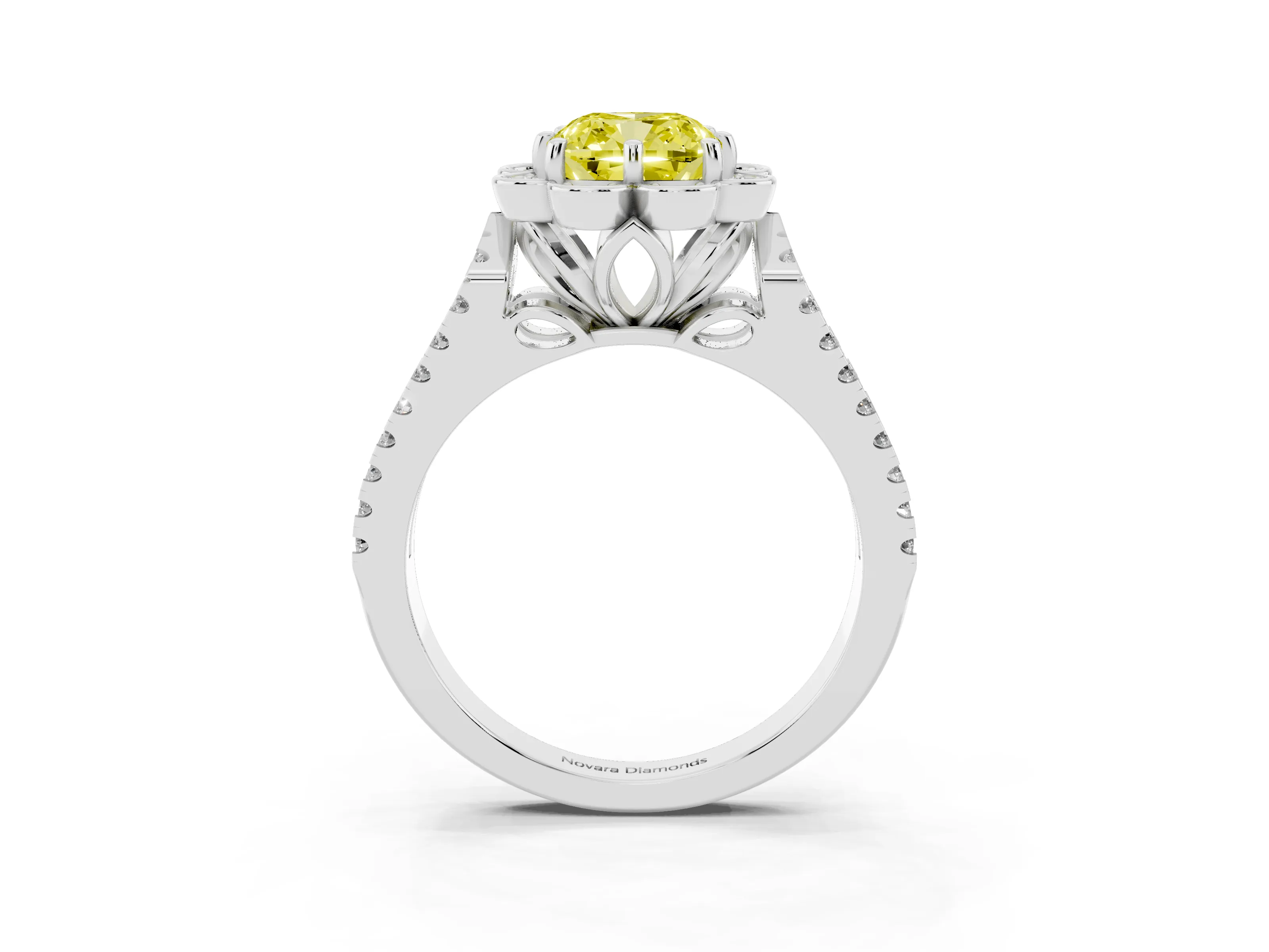 Fancy Yellow Cushion Cut Diamond Floral Halo Split Shank Engagement Ring Set in Silver with Pavé Shank