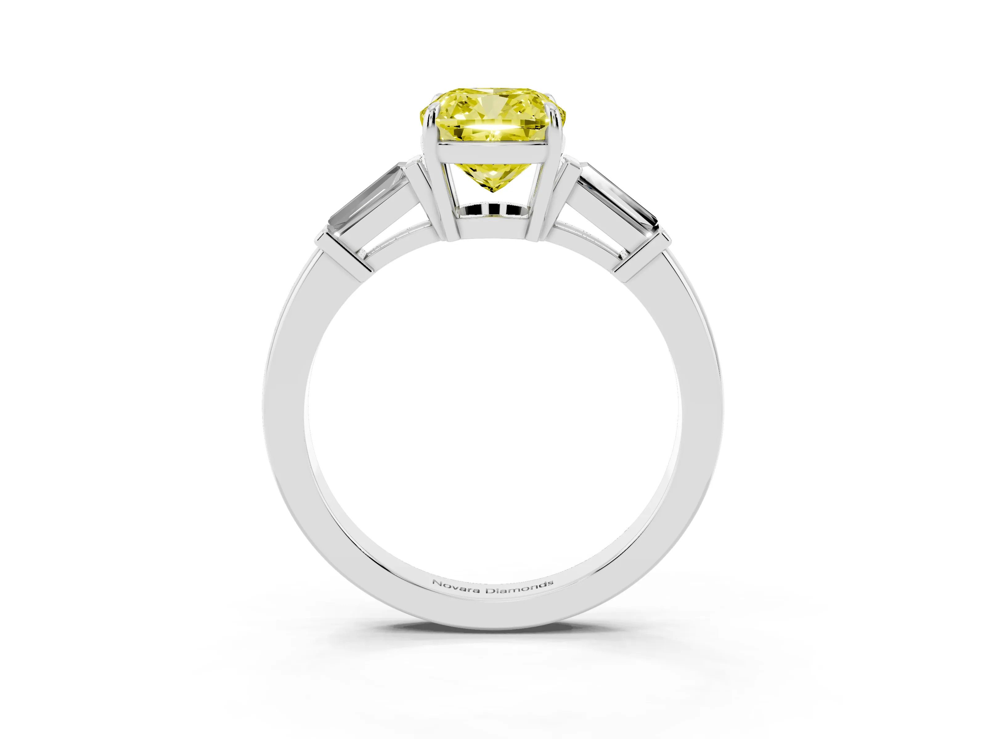 Fancy Yellow Cushion Cut Diamond Three-Stone Ring Set in Platinum with Tapered Baguette Side Stones and Prong Setting